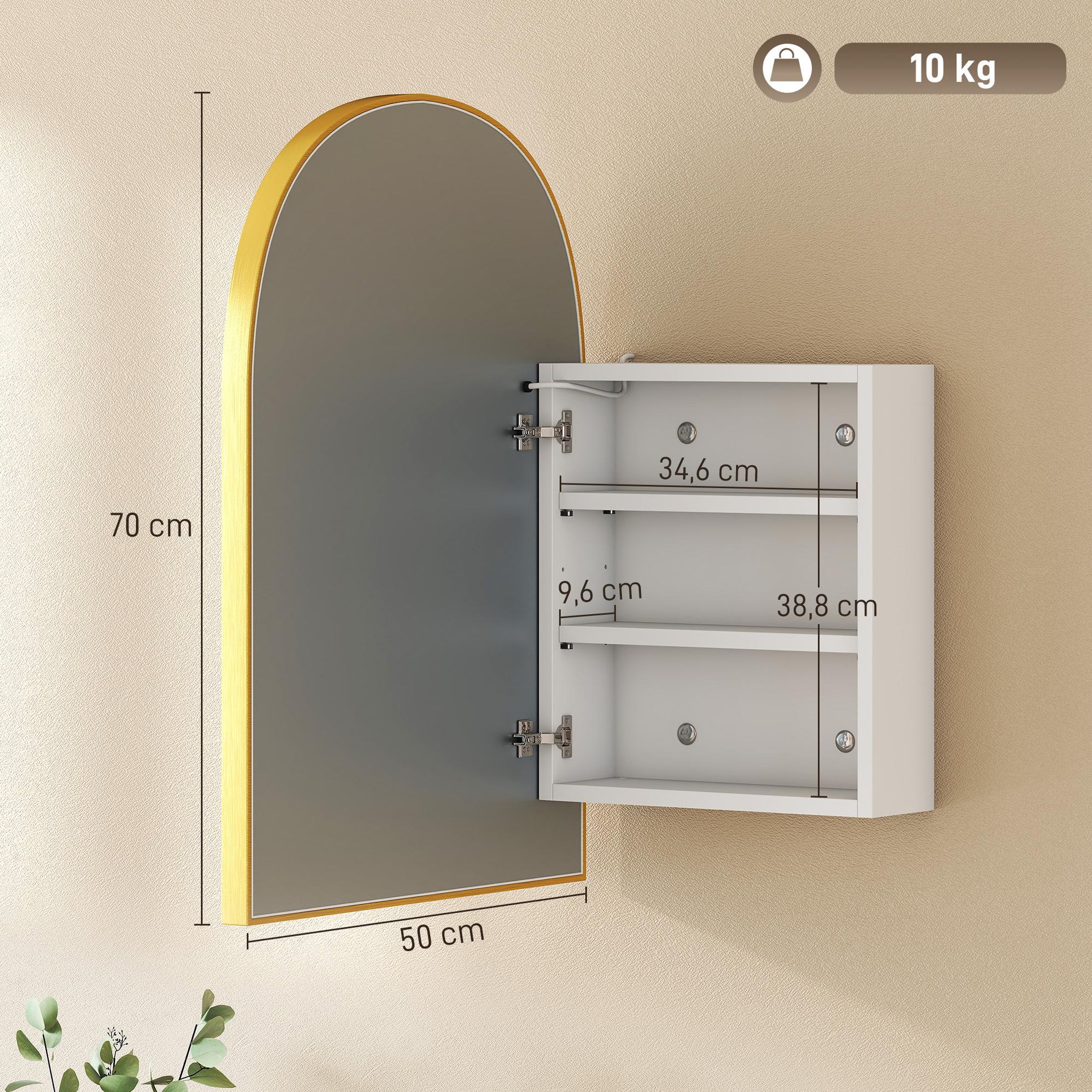 Voir la diapositive 3 : HOMCOM Armoire miroir led réglable salle de bain design arche alu brossé doré 2 étagères