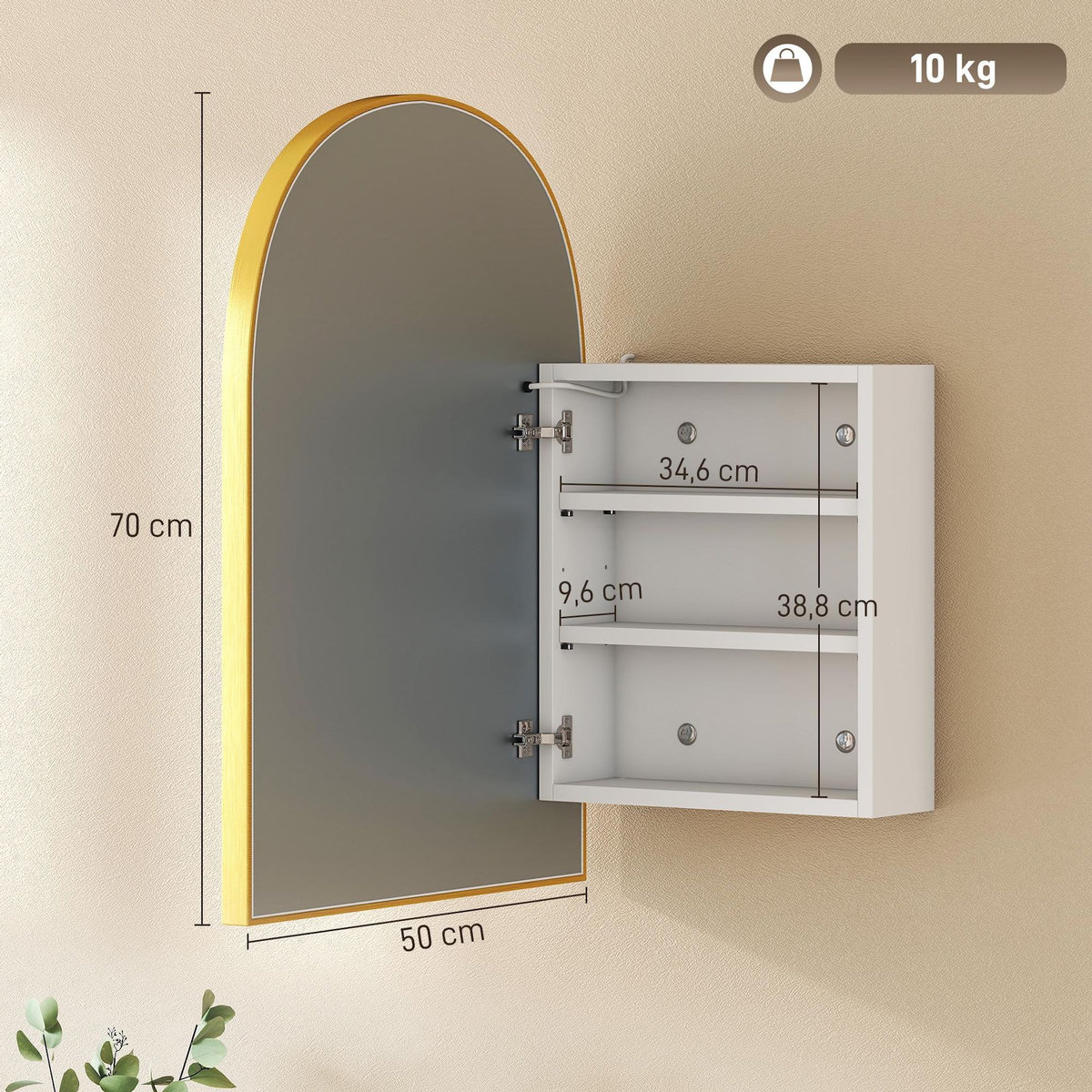 HOMCOM Armoire miroir LED réglable salle de bain design arche alu brossé doré 2 étagères