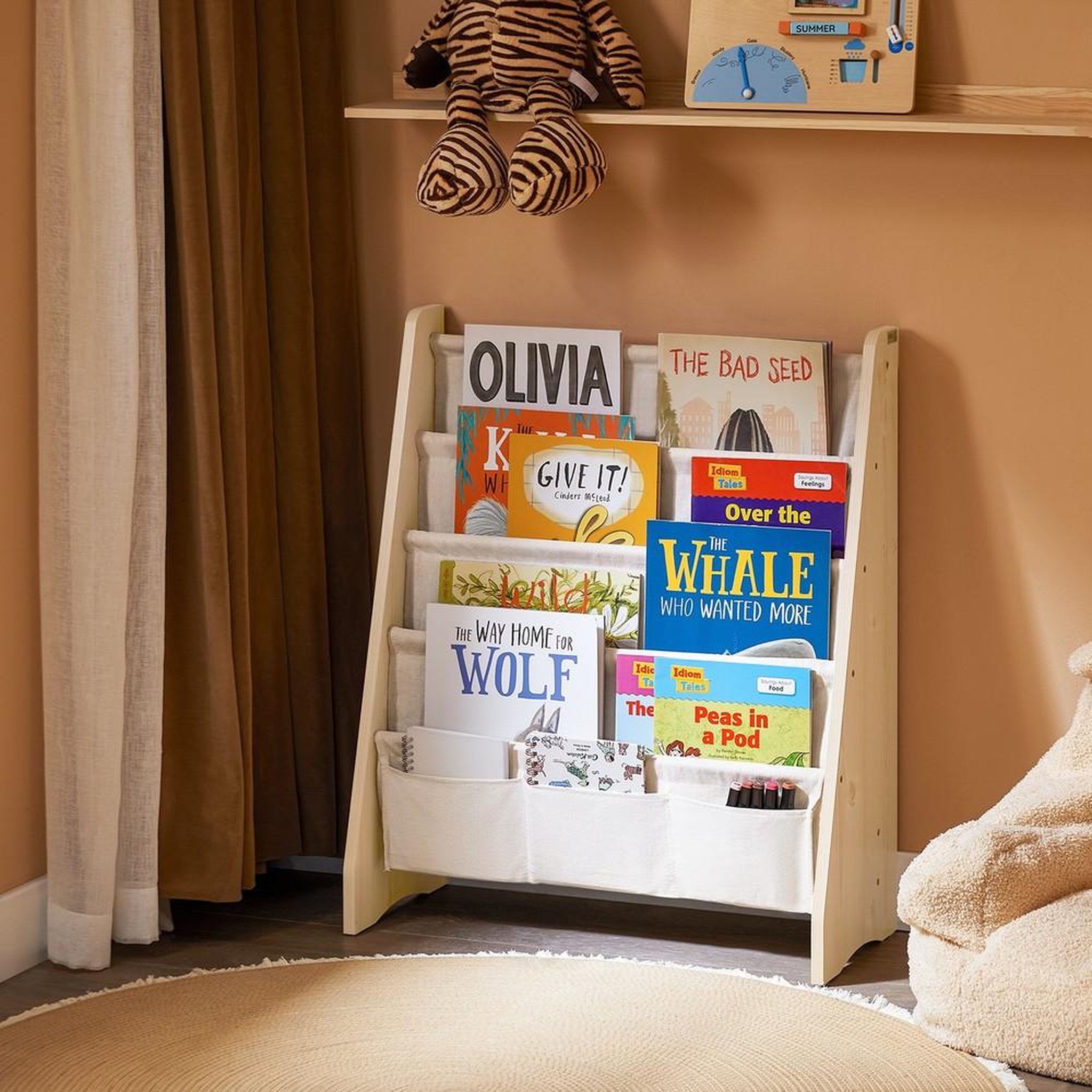 Voir la diapositive 2 : SOBUY SoBuy - Bibliothèque Enfant à 4 compartiments et 3 poches - Moderne - KMB50