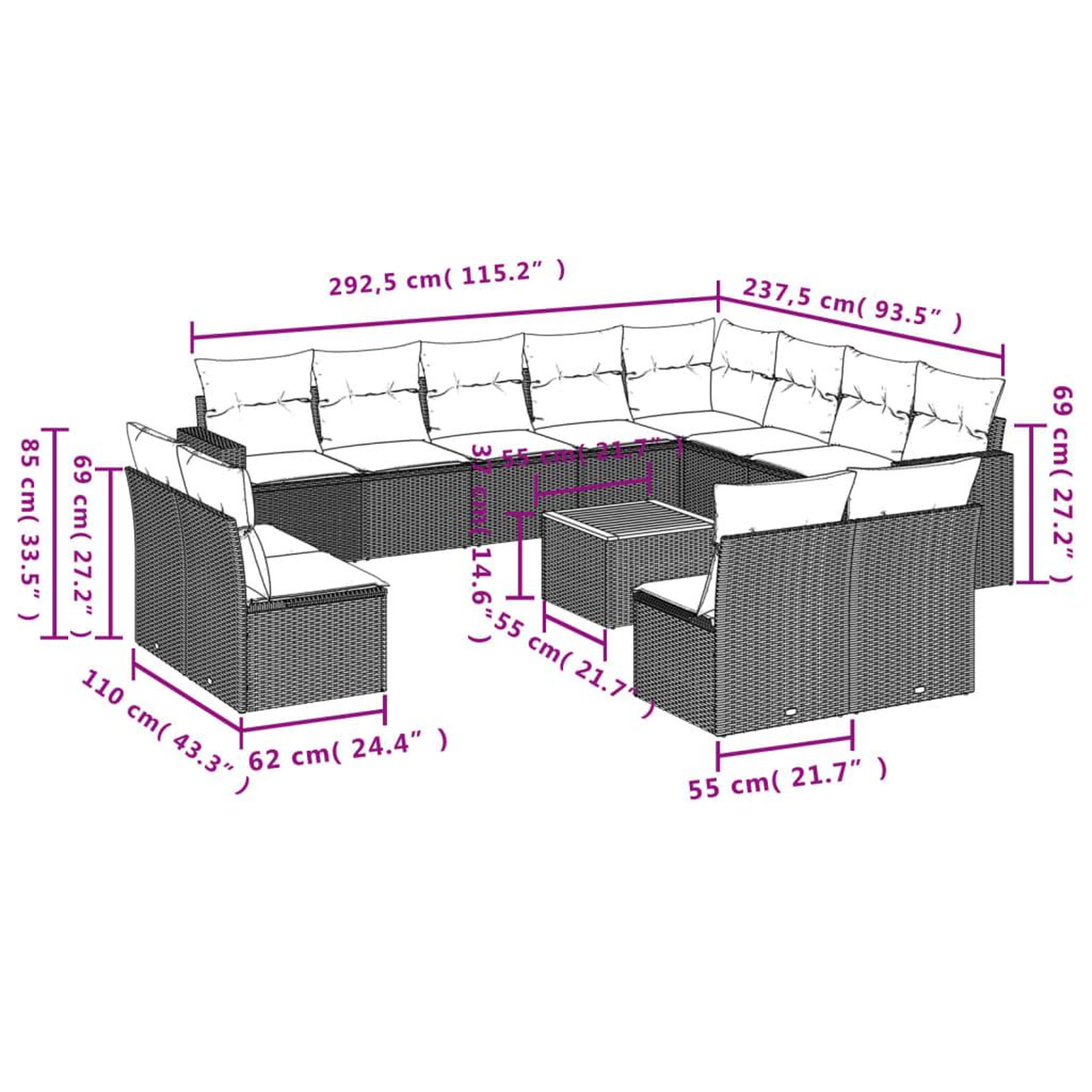 Voir la diapositive 4 : VIDAXL Salon de jardin avec coussins 13 pcs noir resine tressee