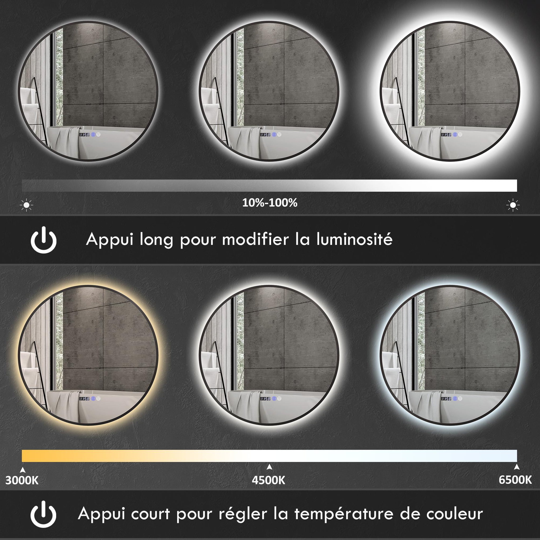 Voir la diapositive 6 : HOMCOM Miroir led rond salle de bain ø 70 cm - luminosité réglable, fonction anti-buée, tactile, affichage heure-température - métal noir