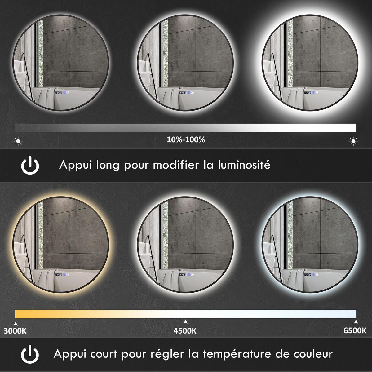 HOMCOM Miroir LED rond salle de bain Ø 70 cm - luminosité réglable, fonction anti-buée, tactile, affichage heure-température - métal noir
