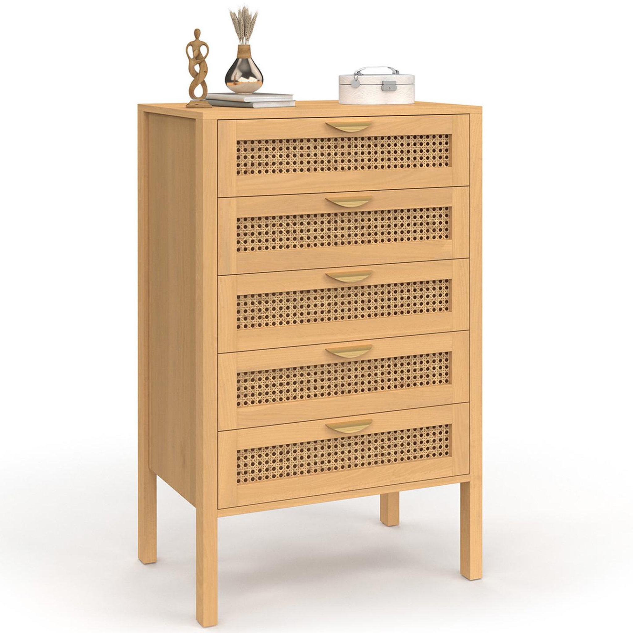 ID MARKET Chiffonnier 5 tiroirs edhen 60x40x100 cm commode semainier bois et effet cannage