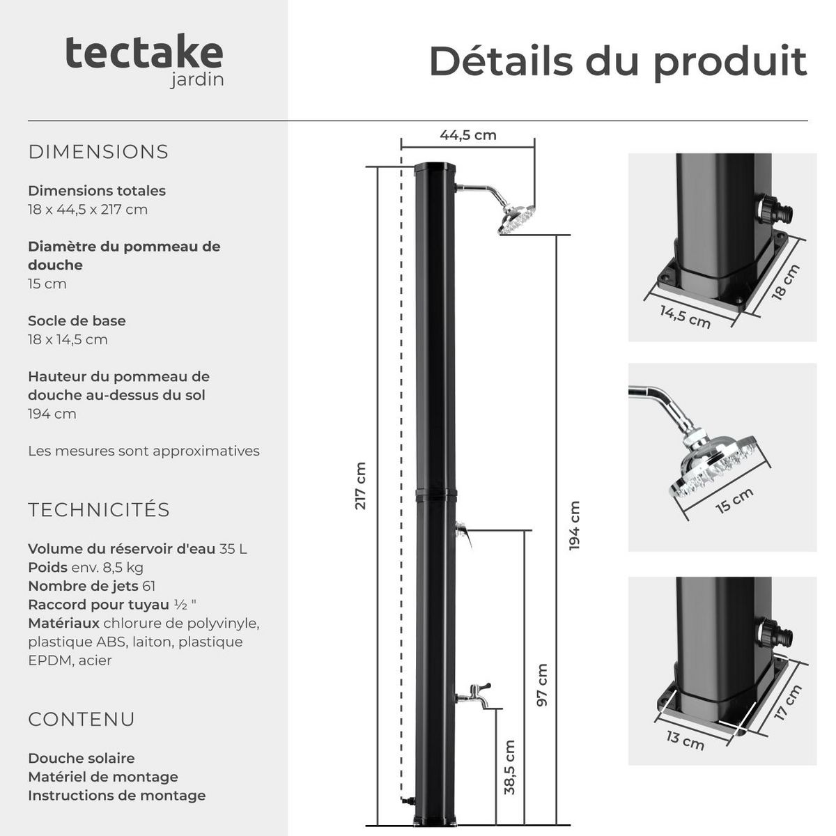 tectake Douche solaire 35 litres noir