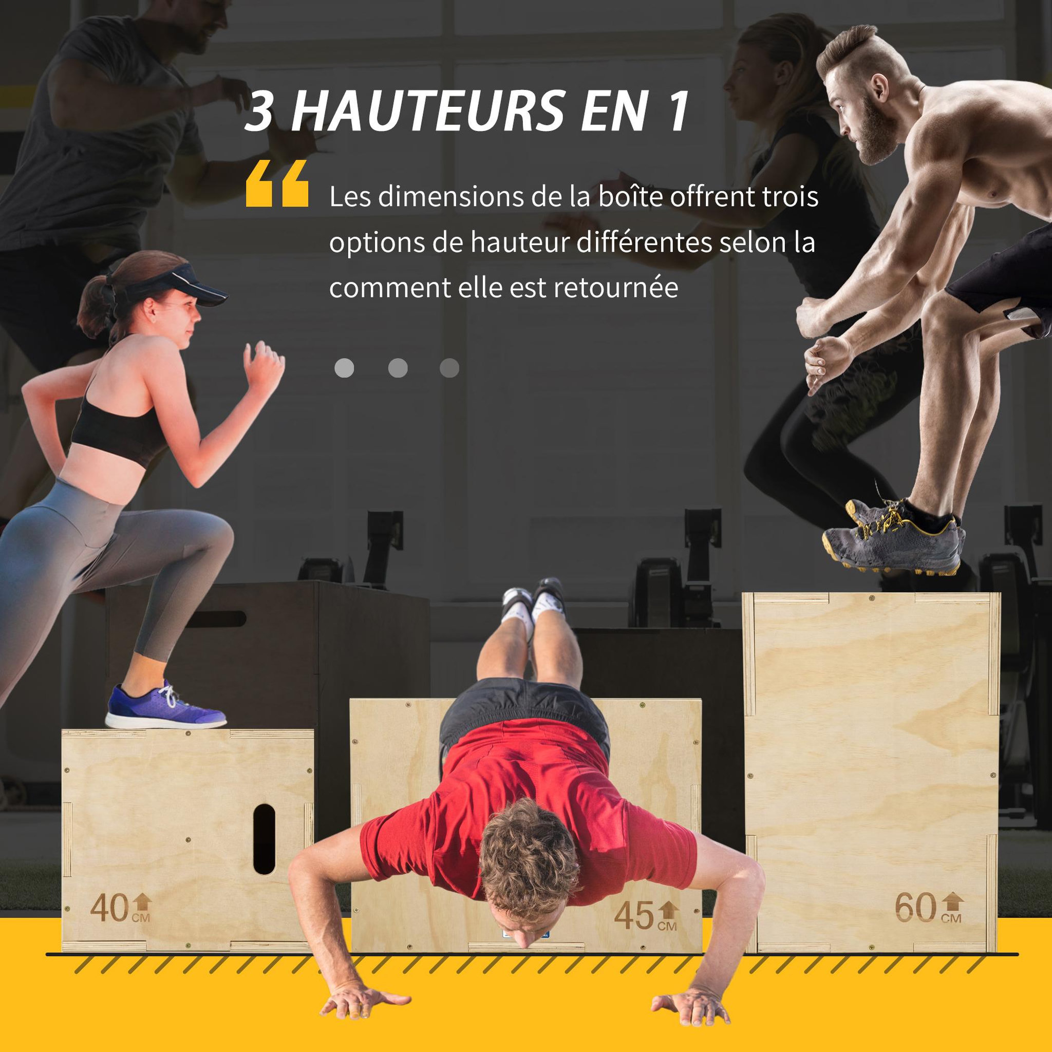 Voir la diapositive 5 : HOMCOM Box jump - box de pliométrie - collaboration Aosom.fr x FFHandball - 40/45/60H cm - max. 120 Kg - bois