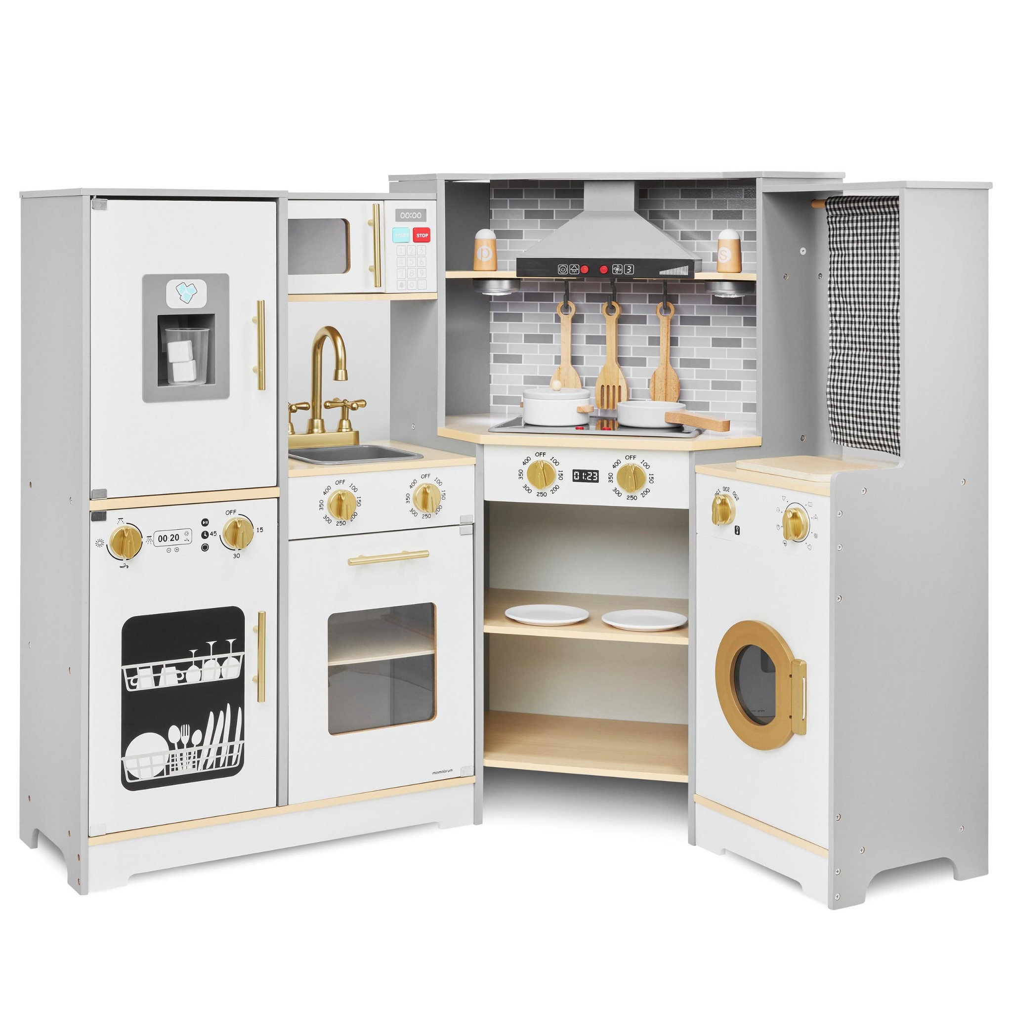 MAMABRUM Cuisine Enfant en Bois en L avec LED, Hotte Interactive, Sons et Accessoires, dès 3 Ans