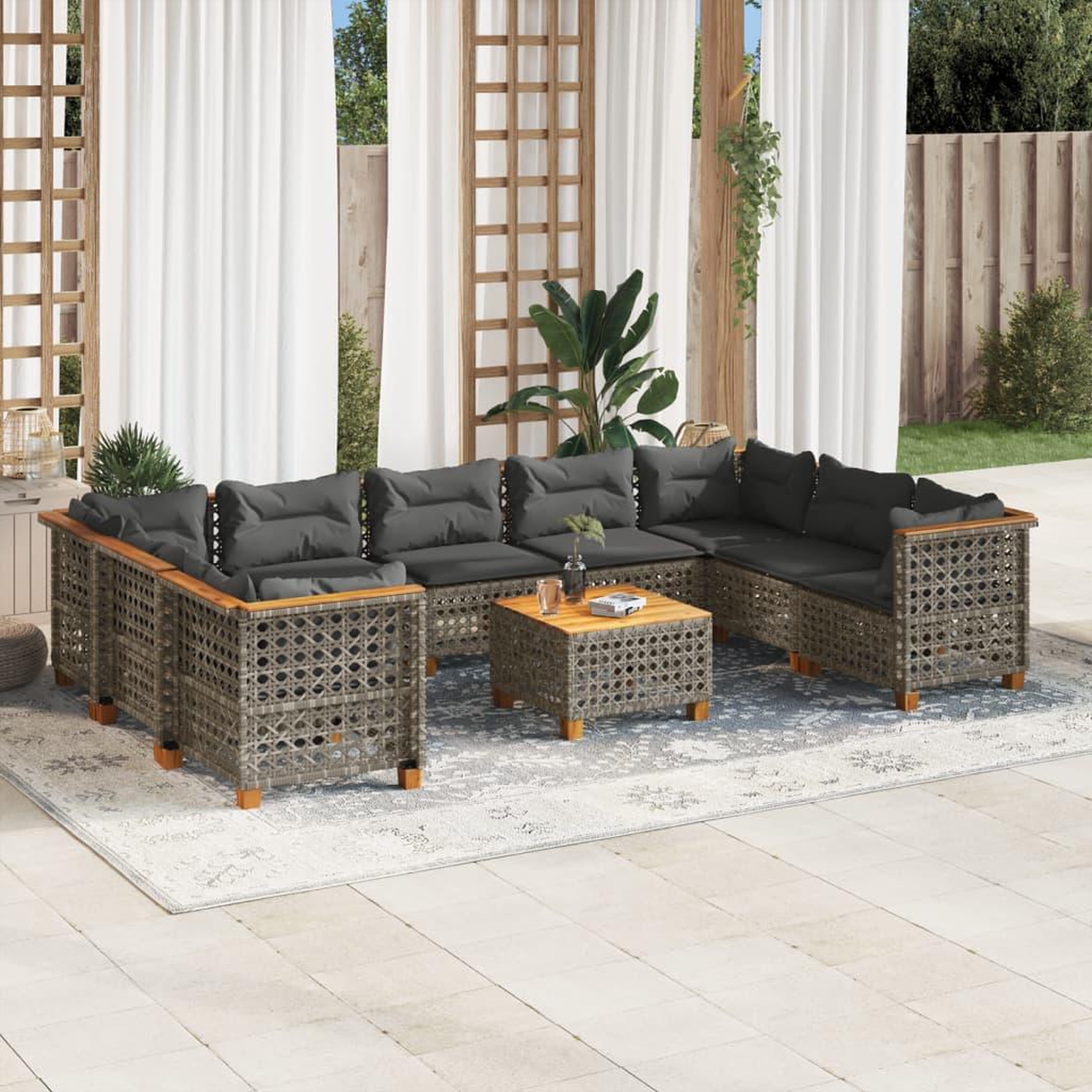 VIDAXL Salon de jardin avec coussins 10 pcs gris resine tressee