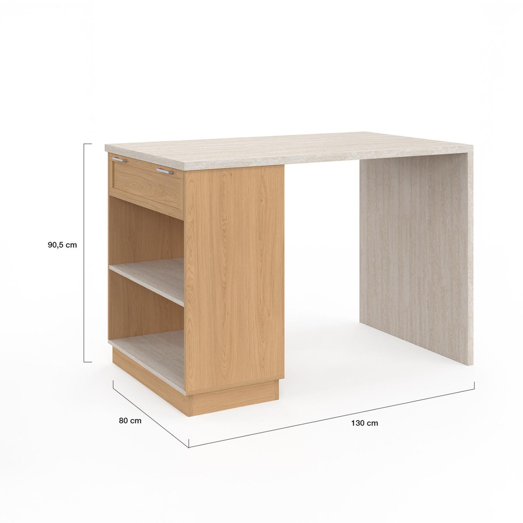 Voir la diapositive 5 : ID MARKET Ilot central mange-debout 4 personnes vito 130 cm bois et plateau effet travertin