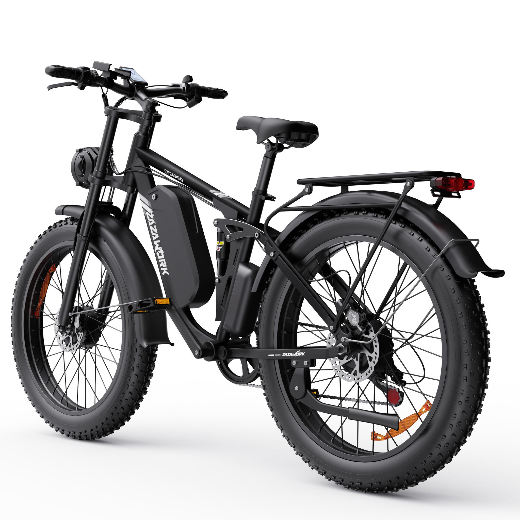 Voir la diapositive 5 : ZAZAWORK Vélo électrique ZAZAWORK CF26 PRO 26  à gros pneus et suspension intégrale, noir