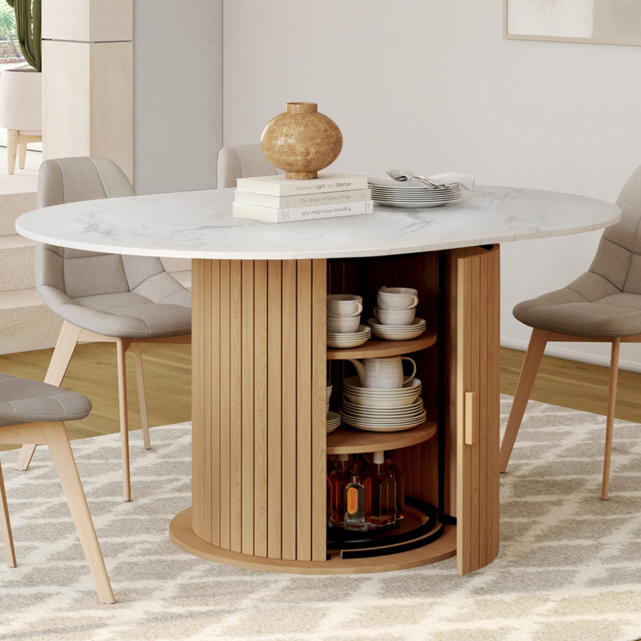Voir la diapositive 2 : ID MARKET Table à manger extensible ronde juliette 4-8 personnes pied lattes avec rangement et plateau effet marbre blanc 110-150 cm
