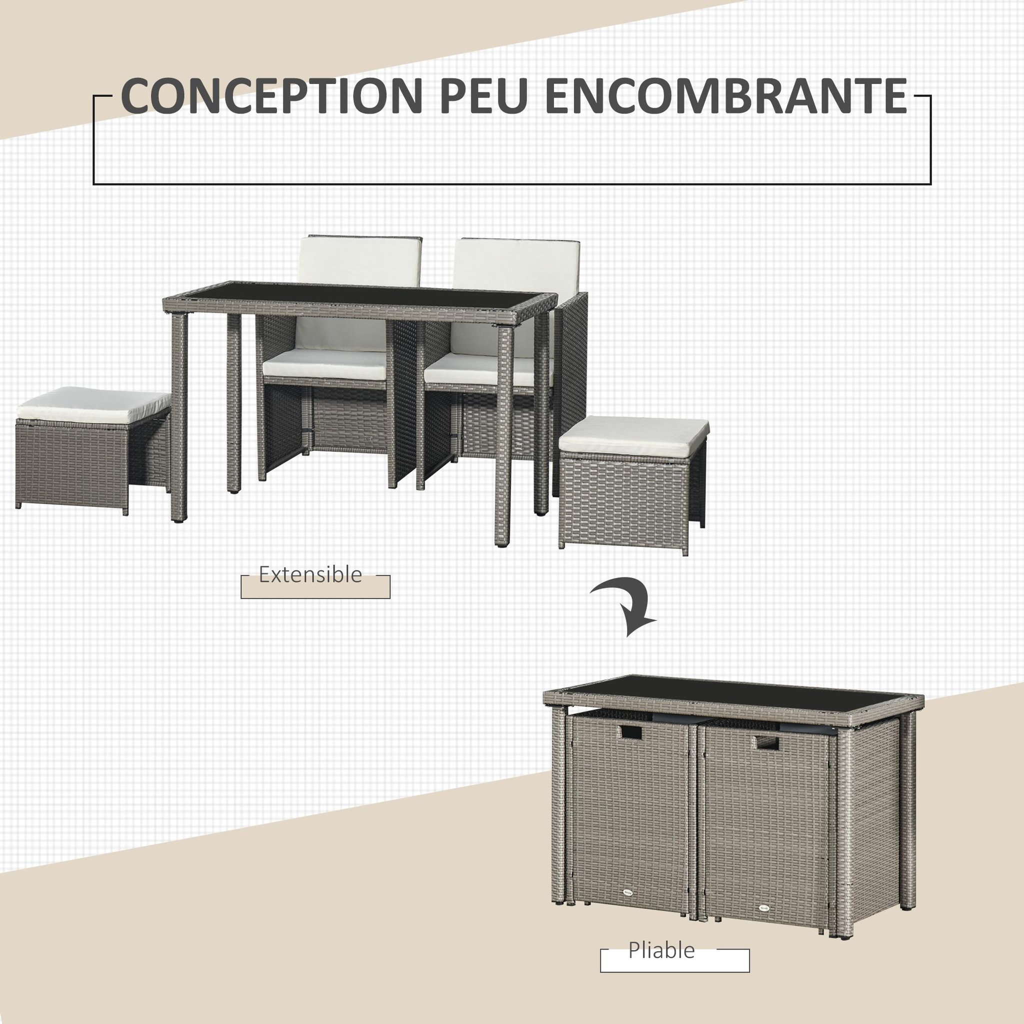 Voir la diapositive 5 : OUTSUNNY Outsunny Ensemble salon de jardin encastrable 2 fauteuils monoblocs + 2 tabourets + table basse résine tressée coussins déhoussables crème gris