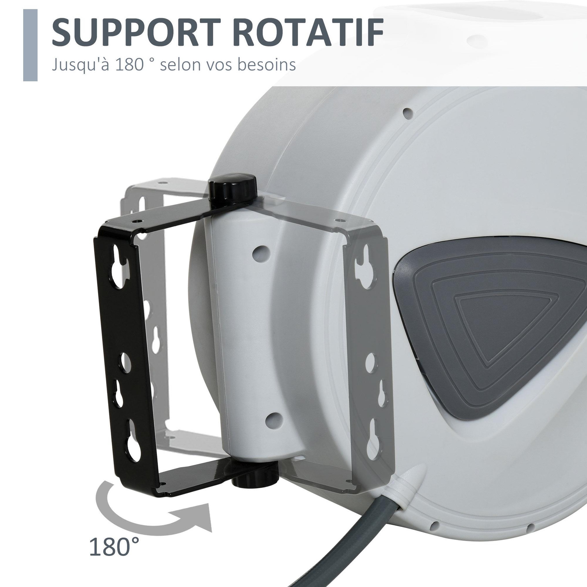 Voir la diapositive 5 : HOMCOM Enrouleur de tuyau à air comprimé - tuyau : 10 m + 0,9 m - Ø intérieur 3/8  (9,5 mm), 1/4  (6,35 mm) BSPT - dévidoir automatique pour tuyau d'air rétractable gris