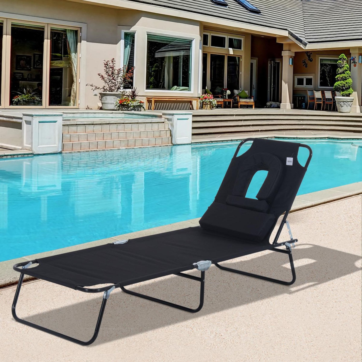 OUTSUNNY Bain de soleil pliable transat inclinable 4 positions chaise longue de lecture 3 coussins fournis noir