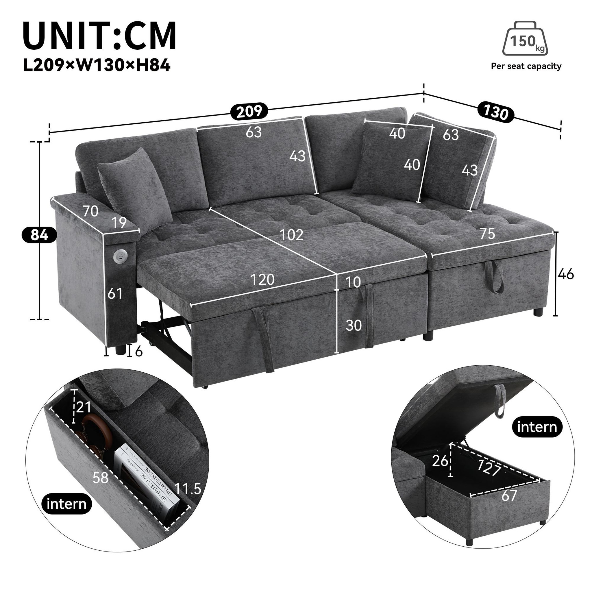 Voir la diapositive 3 : MERAX Canapé d'angle droit convertible 3 places tissu coffre de rangement