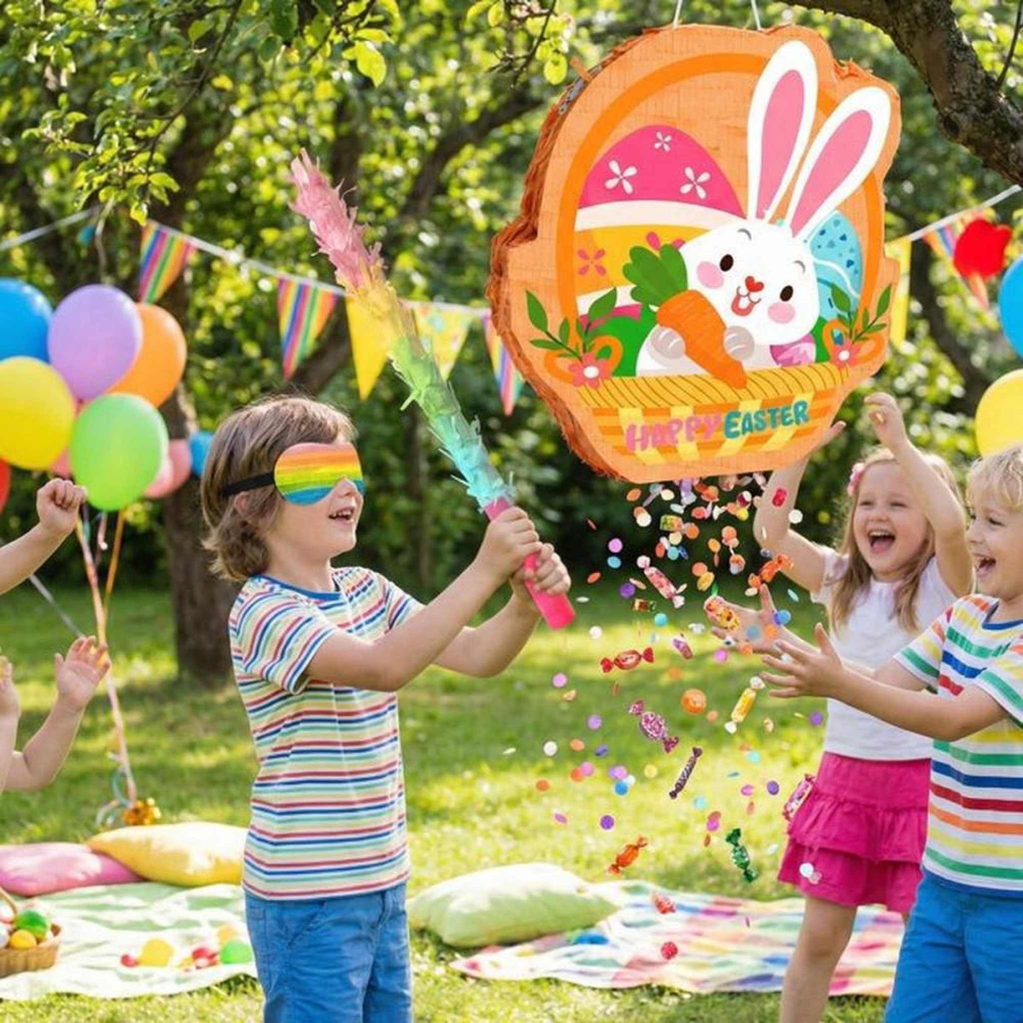 Voir la diapositive 5 : Piñata ronde Lapin de Pâques suspendue multicolore avec masque, bâton et confettis, kit de décoration intérieure 35 cm