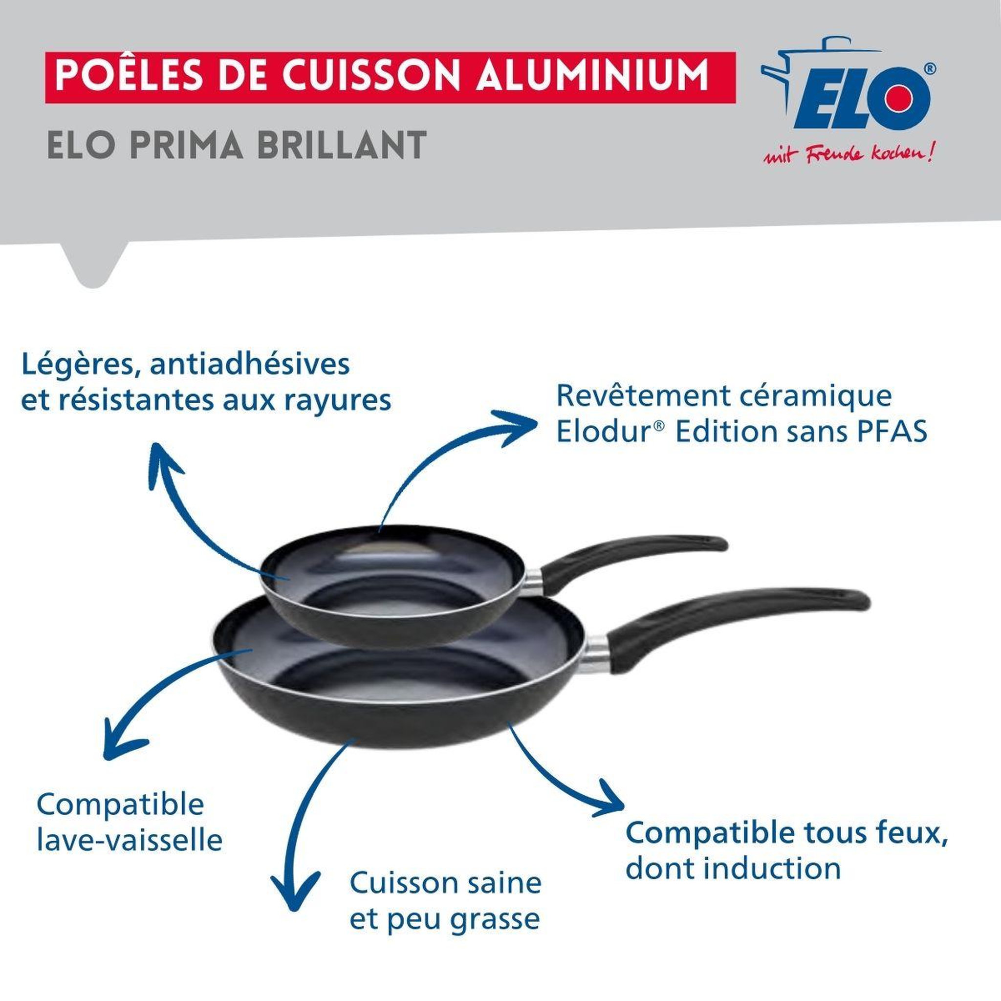 Voir la diapositive 4 : ELO Ensemble de 2 poêles de cuisson 20 et 28 cm et 2 faitouts 12 et 14 cm elo prima brillant
