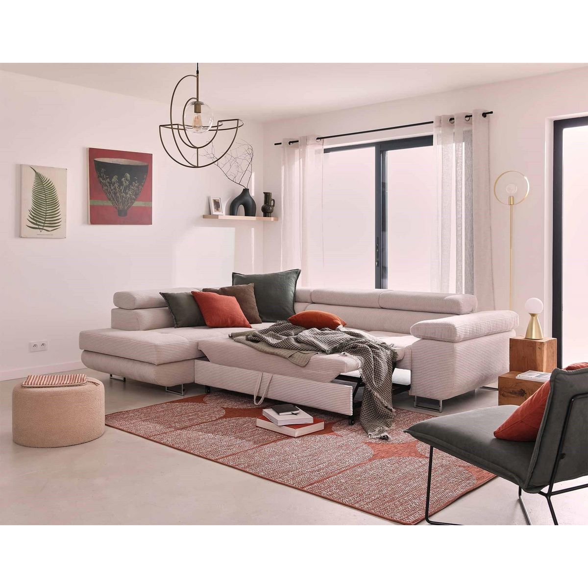 BEST MOBILIER Zaria - canapé d'angle gauche - convertible avec coffre et têtières réglables - 5 places - en velours côtelé