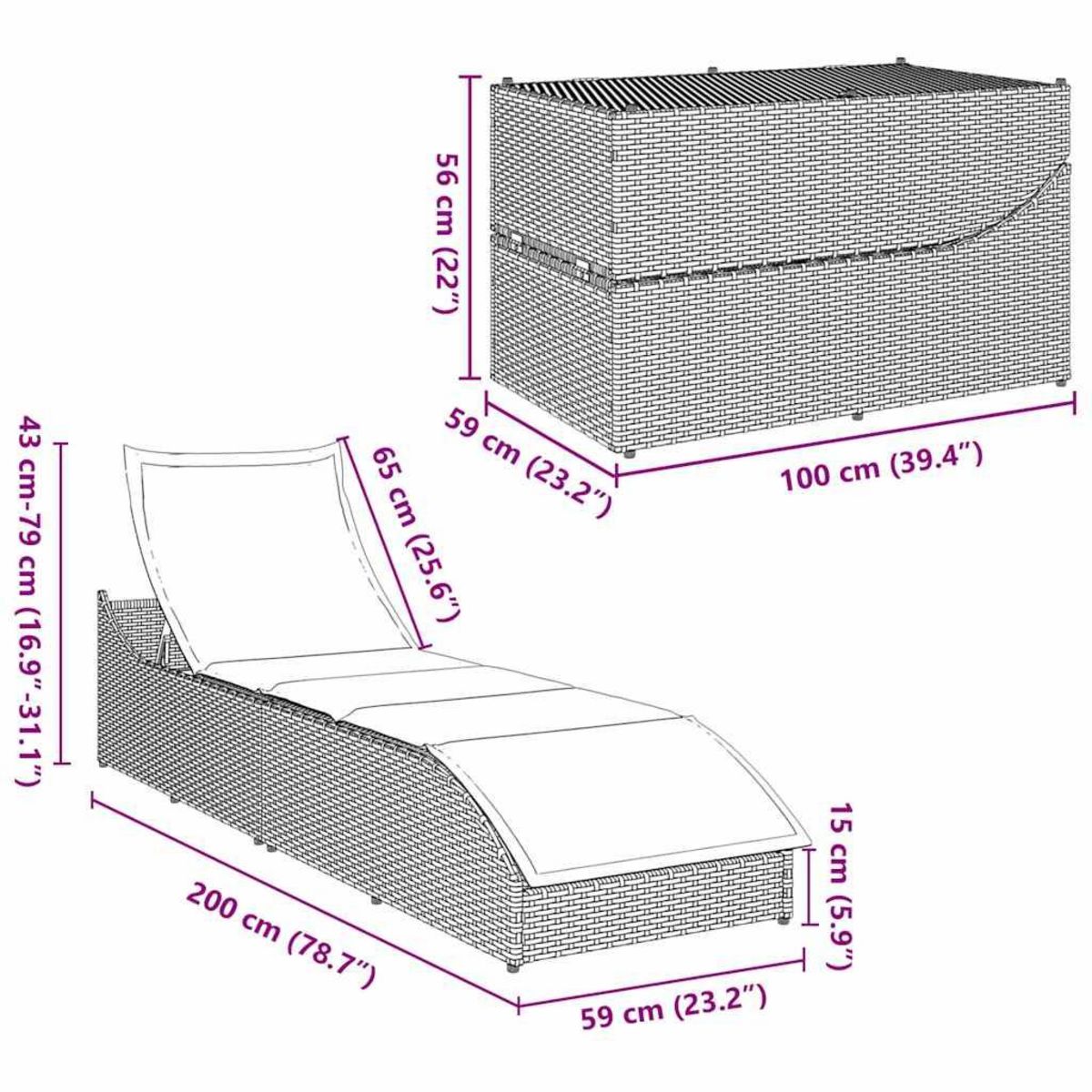 VIDAXL Chaise longue pliante coussin rangement marron resine tressee