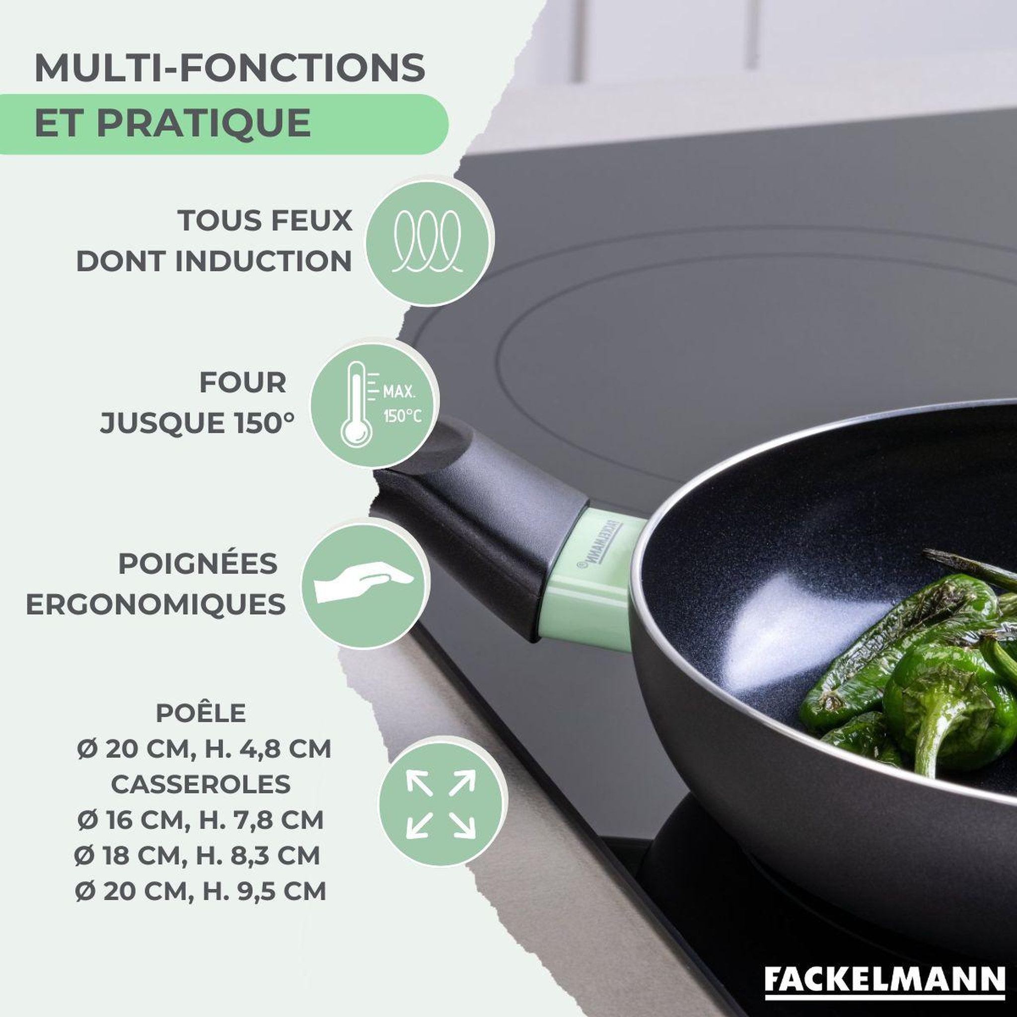 Voir la diapositive 3 : Fackelmann Batterie de cuisine avec 1 poêle 20 cm et 3 casseroles 16/18/20 cm sans pfas et 5 ustensiles de cuisine fackelmann brandao océan