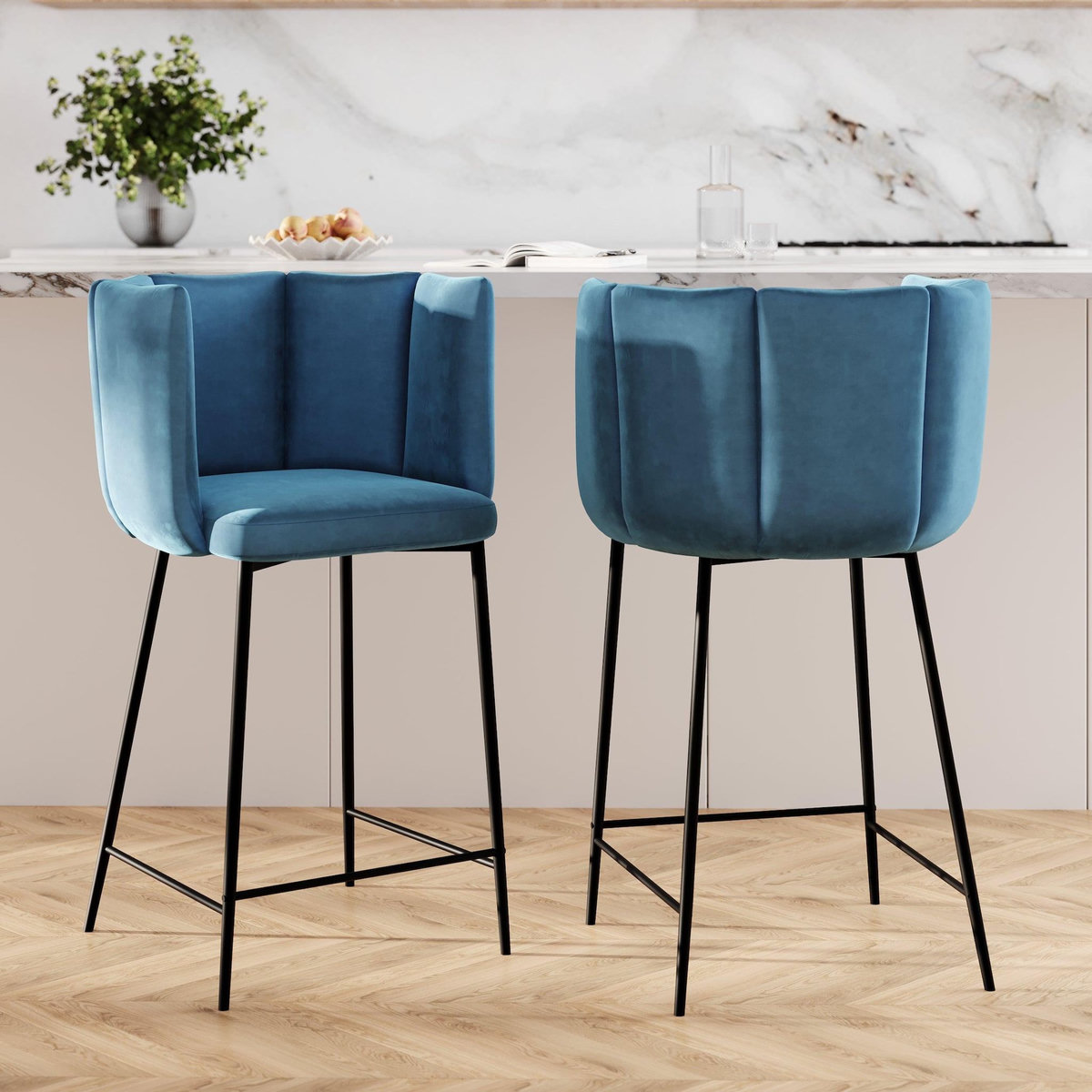Rendez vous déco Lot de 2 chaises pour îlot central 67 cm en velours bleu - Rosy