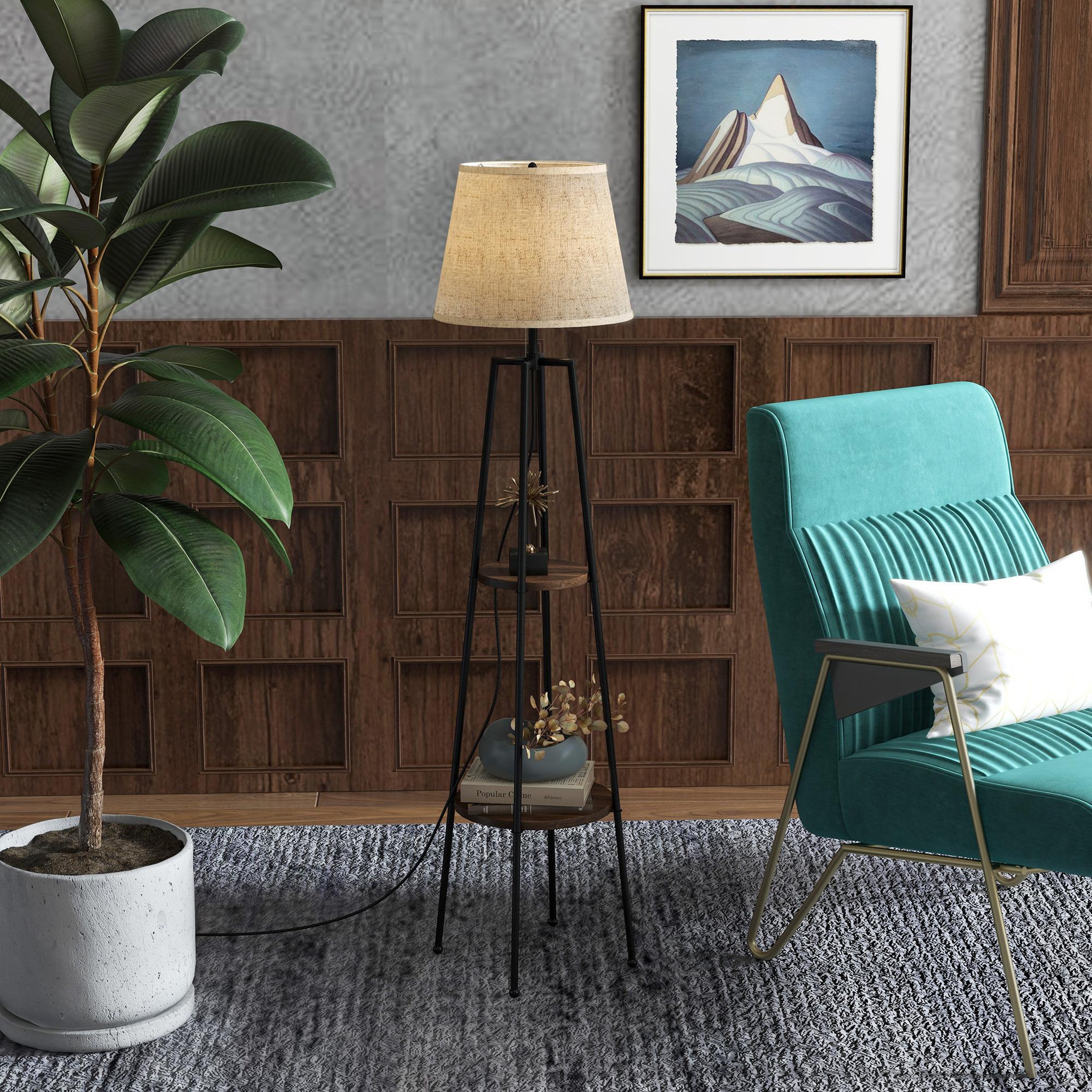 Voir la diapositive 2 : HOMCOM Lampadaire design contemporain 2 étagères intégrées 40 w 166h cm métal noir mdf aspect bois de noyer tissu beige