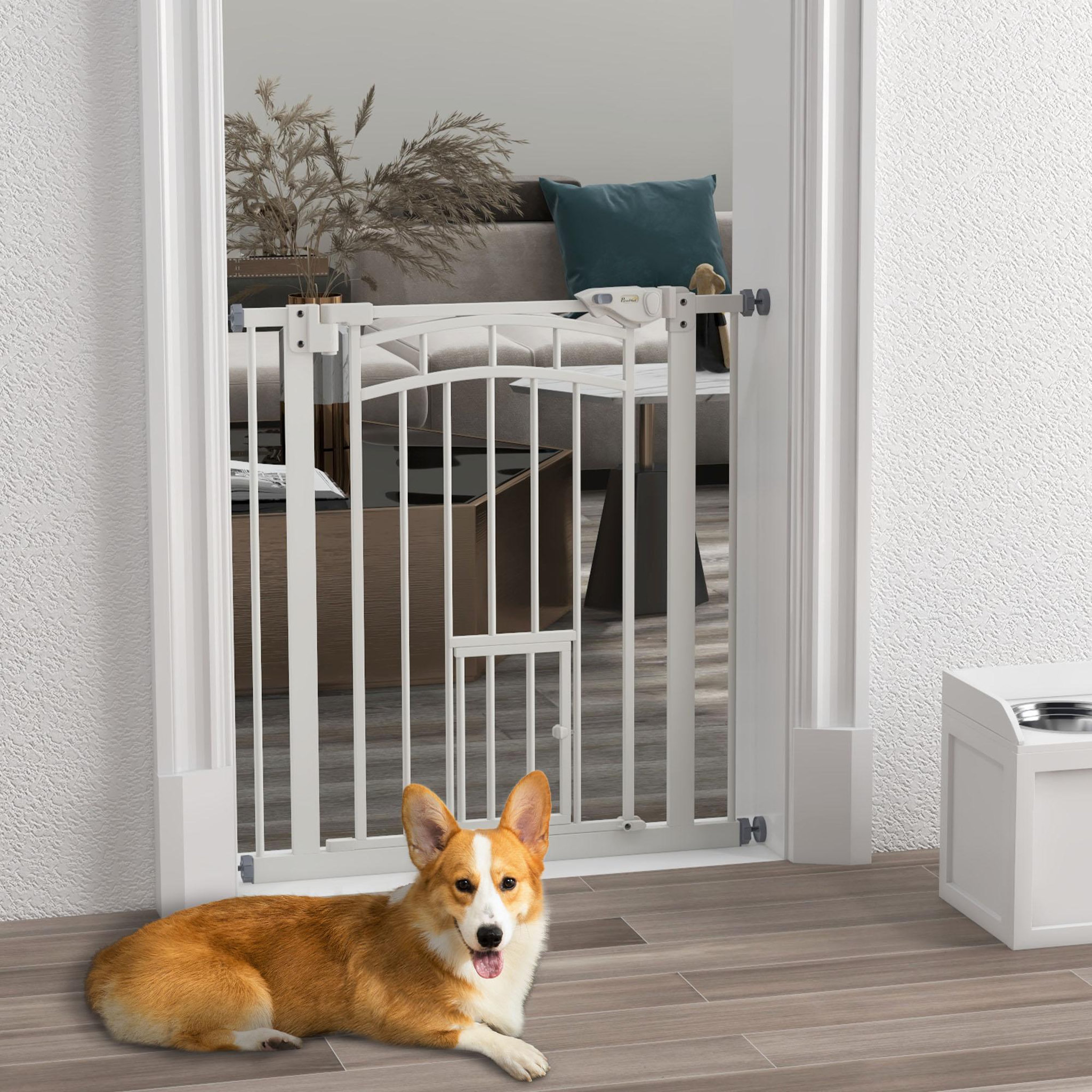 Voir la diapositive 2 : PAWHUT Barrière de sécurité pour chien - barrière à pression ajustable - double système de verrouillage - acier blanc