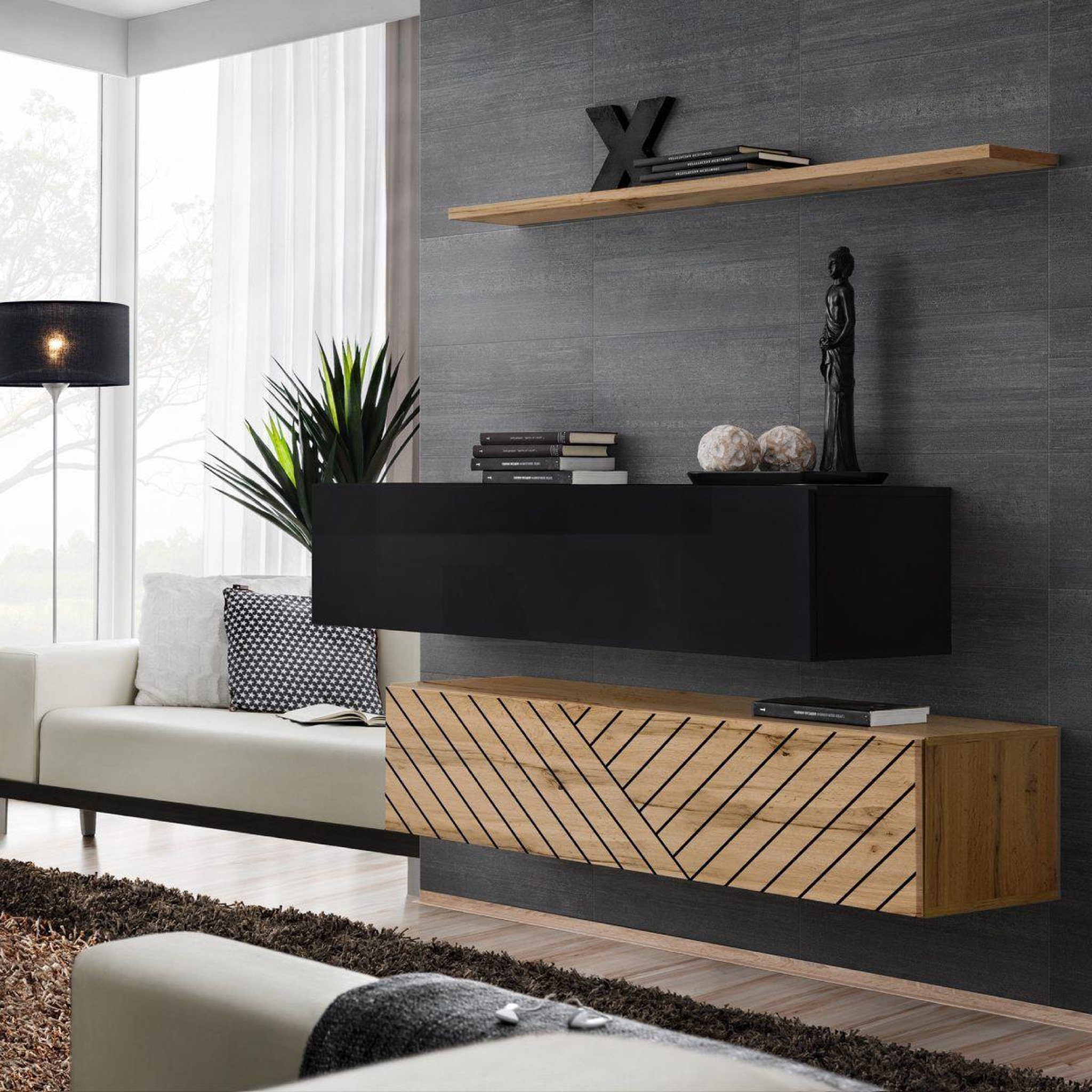 Paris Prix Lot de 2 bancs muraux & étagère  switch sbii  130cm naturel rainuré & noir