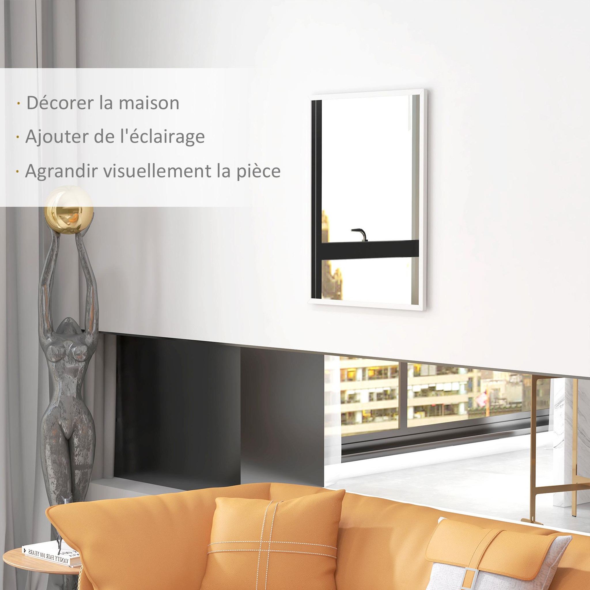 Voir la diapositive 4 : HOMCOM Miroir mural rectangulaire dim. 60L x 80H cm MDF blanc