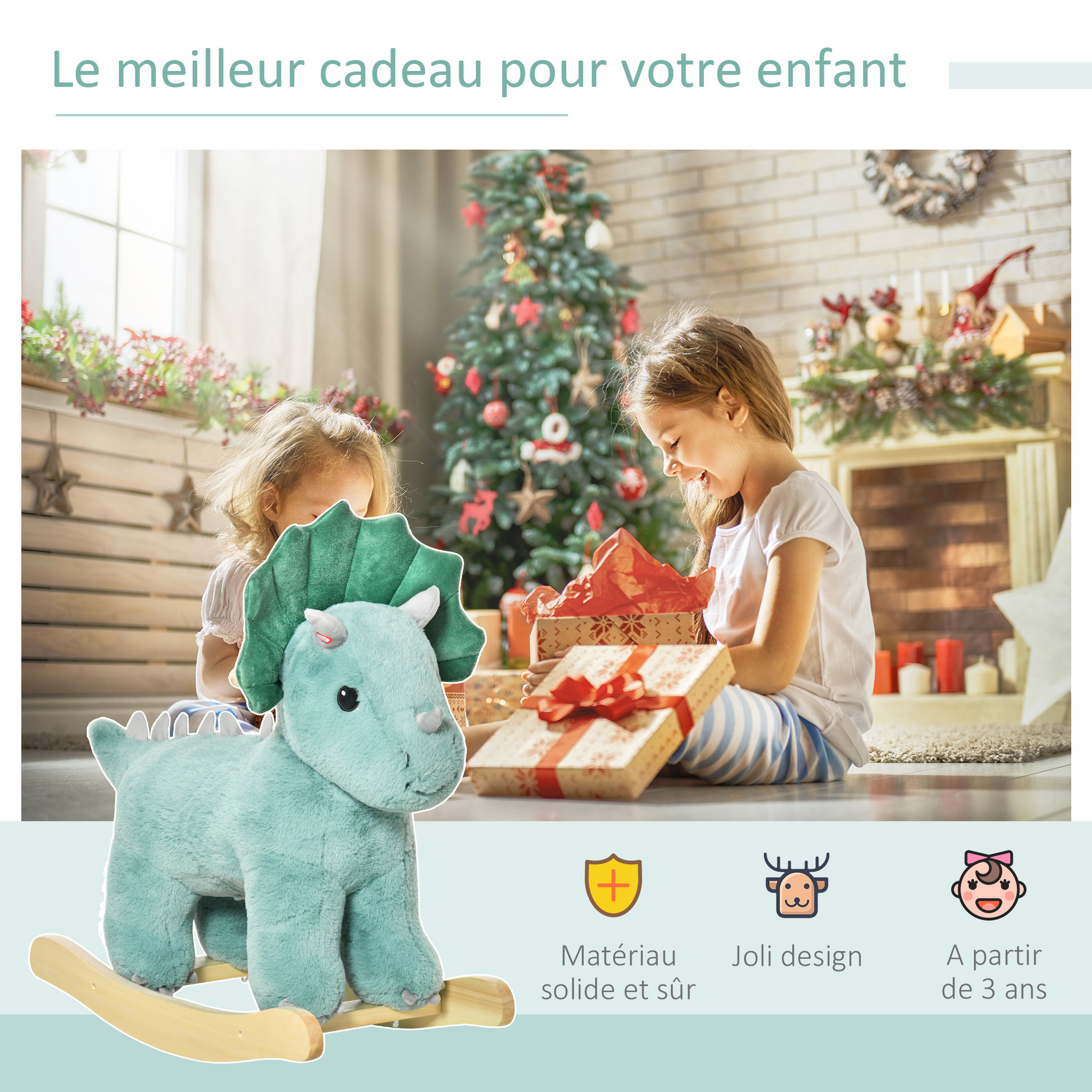 Voir la diapositive 4 : HOMCOM Jouet à bascule dinosaure effet sonore rugissement bois peuplier peluche courte polyester vert d'eau