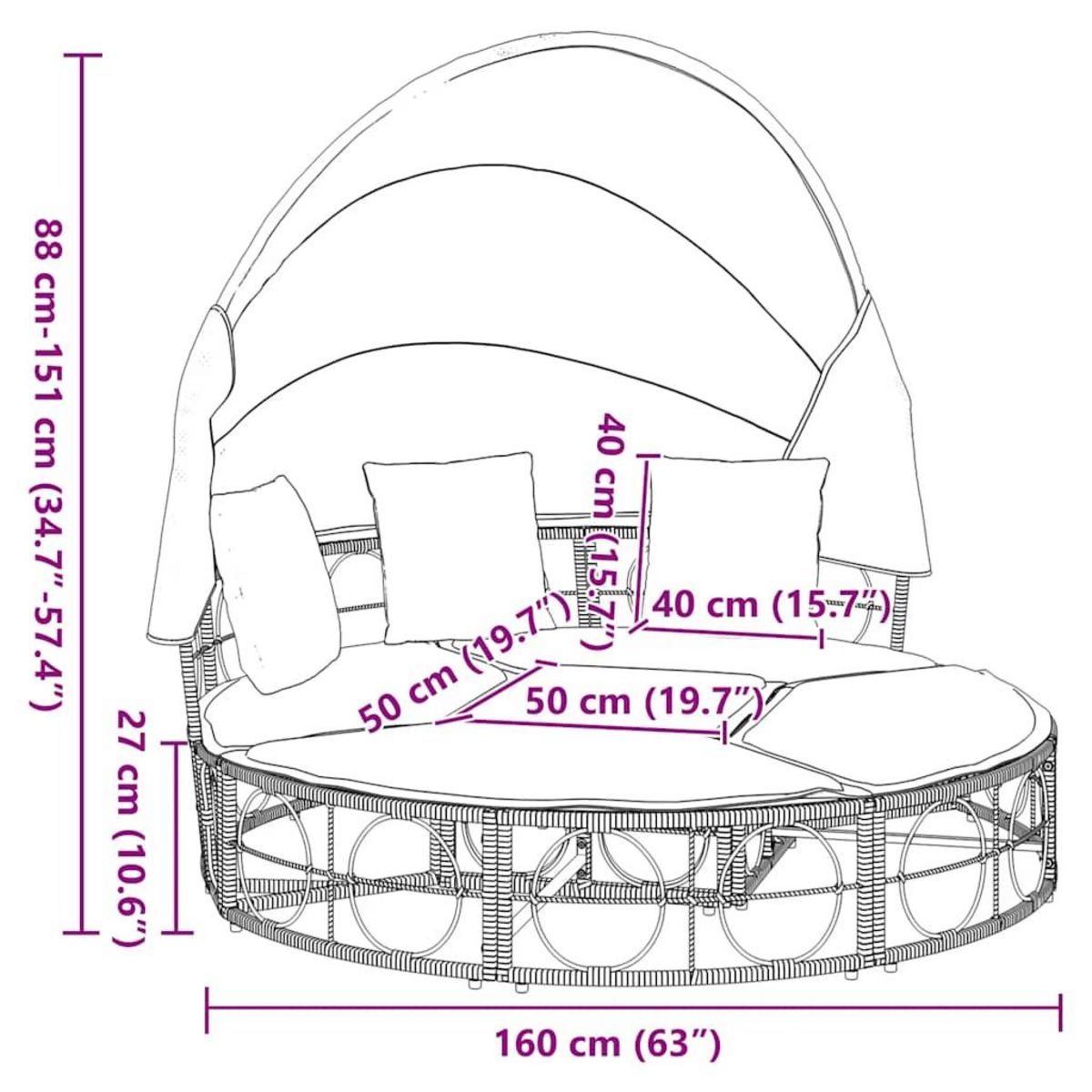 VIDAXL Lit de repos d'exterieur avec auvent et coussins resine tressee