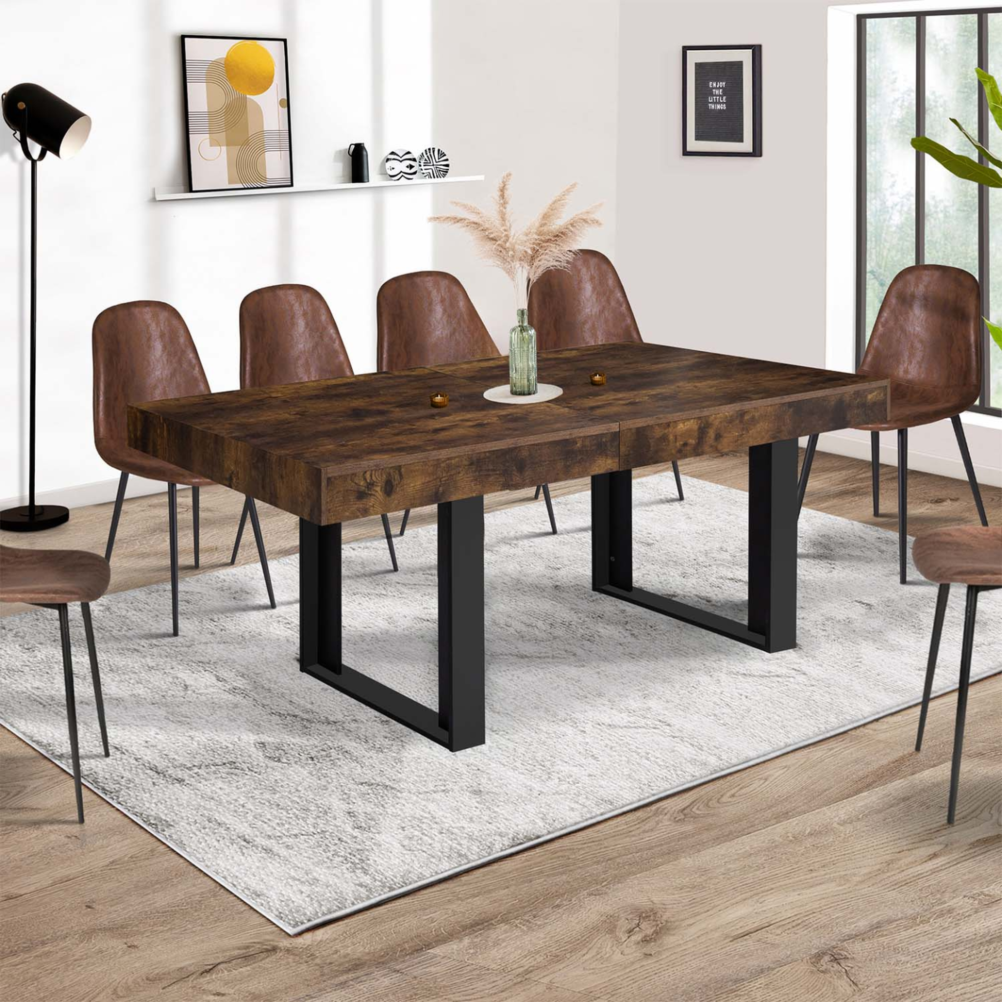 Voir la diapositive 4 : ID MARKET Table à manger extensible rectangle phoenix 6-12 personnes bois effet vieilli et noir 200-300 cm