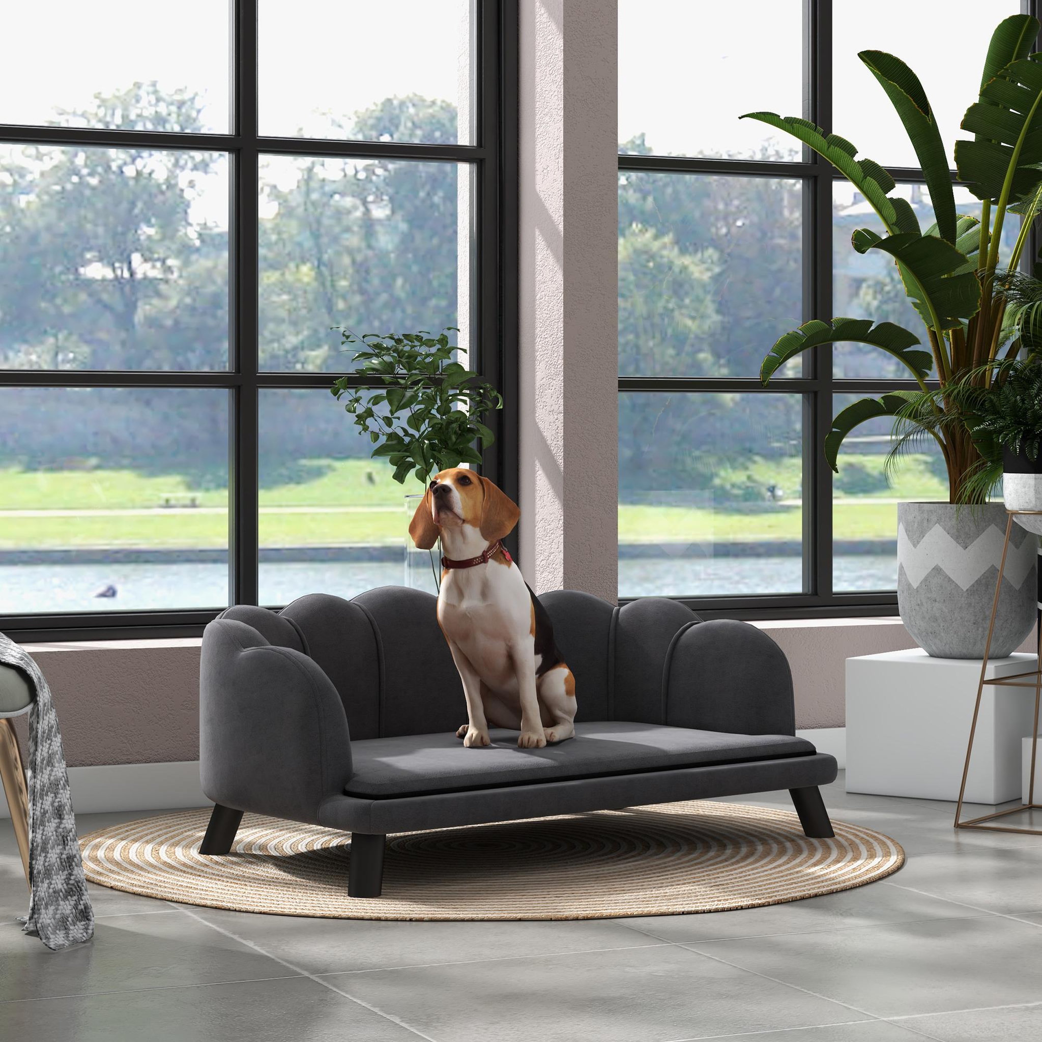 Voir la diapositive 2 : PAWHUT Canapé chien lit pour chien chat design contemporain coquillage dim. 98l x 60l x 35h cm coussin moelleux velours gris
