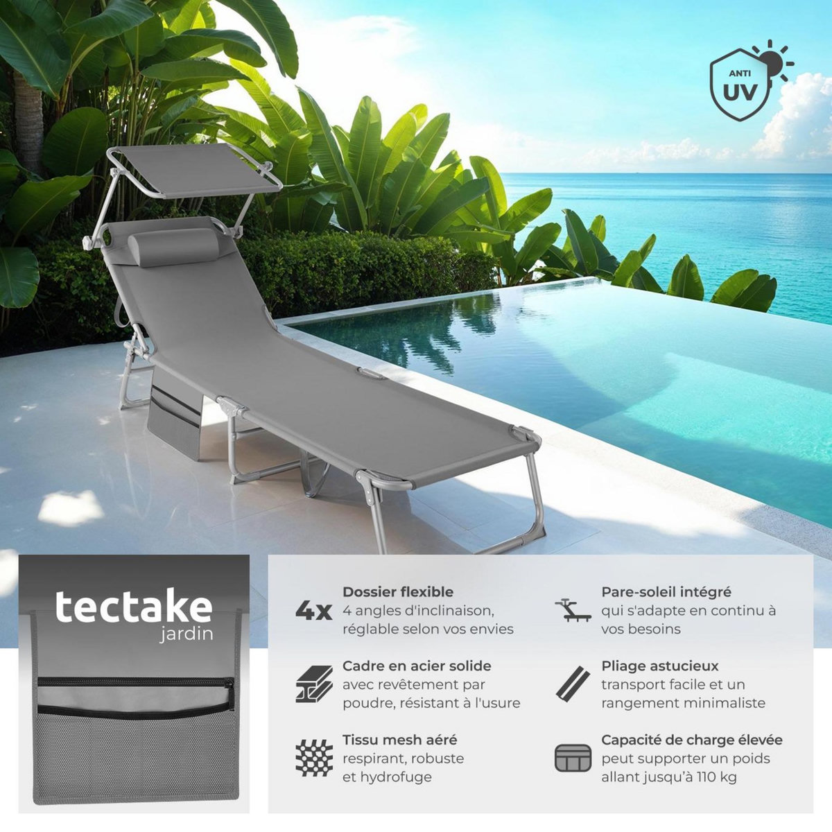 tectake Bain de soleil pliable gris