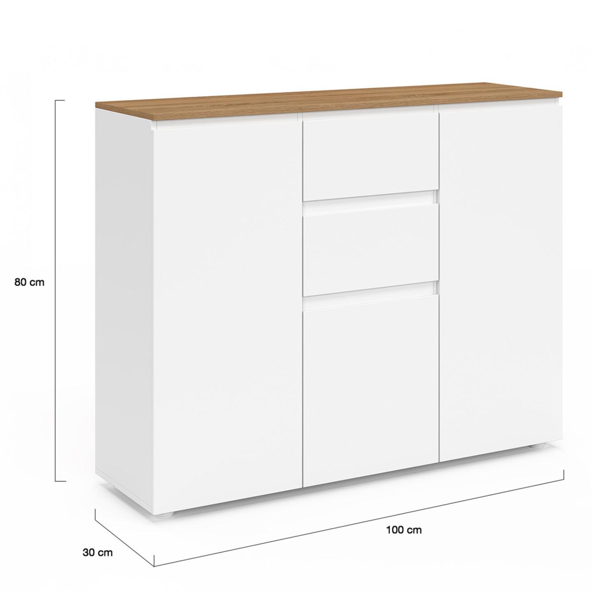 Voir la diapositive 5 : ID MARKET Buffet 100 cm toby 3 portes 2 tiroirs blanc et plateau bois