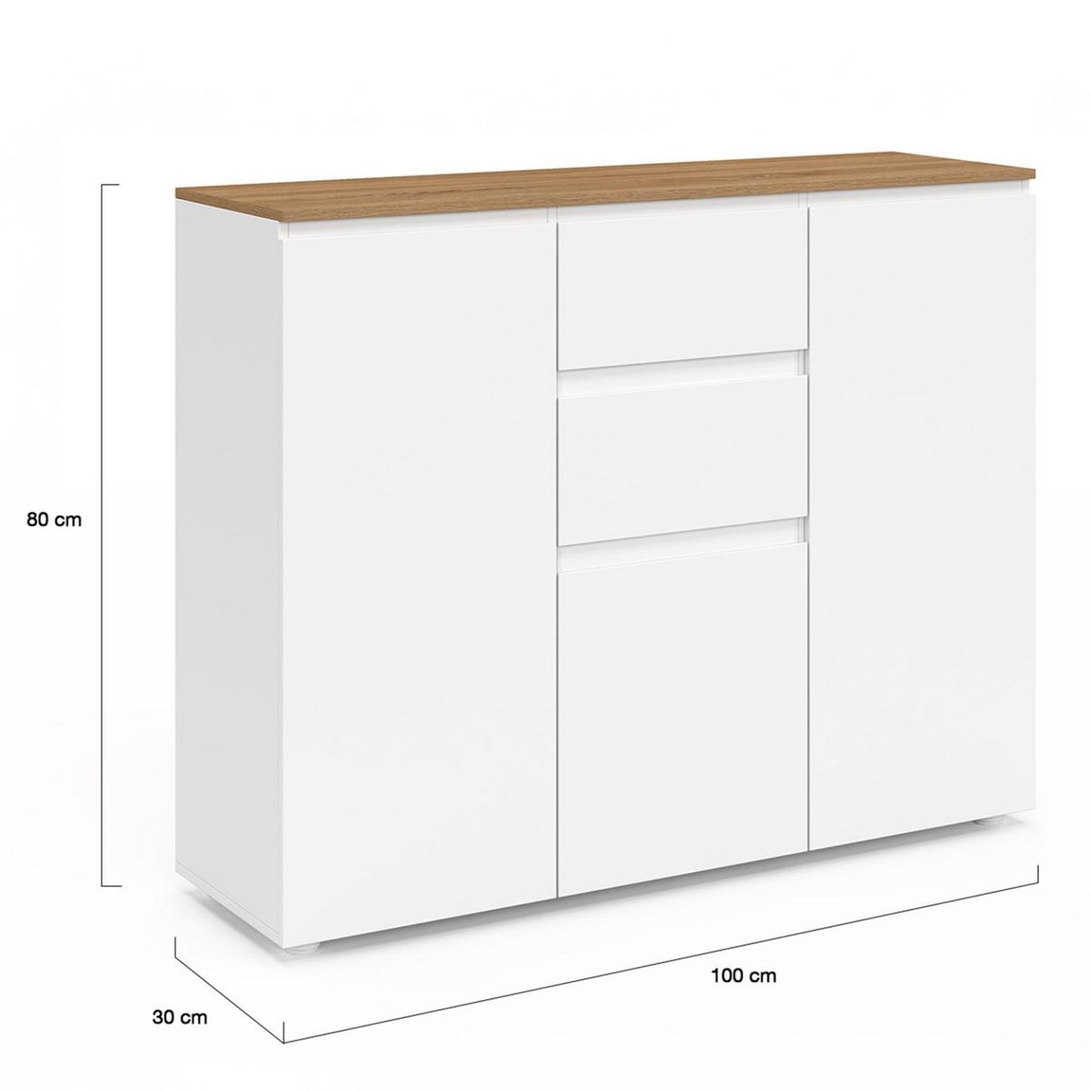 ID MARKET Buffet 100 cm TOBY 3 portes 2 tiroirs blanc et plateau bois