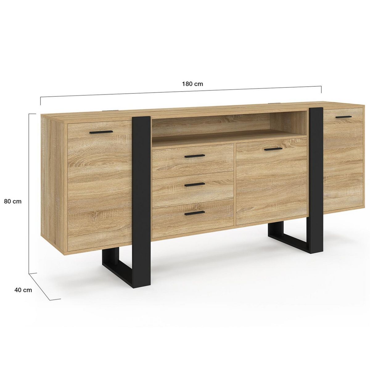 ID MARKET Buffet 180 cm PHOENIX XXL 3 portes et 3 tiroirs avec niche bois et noir
