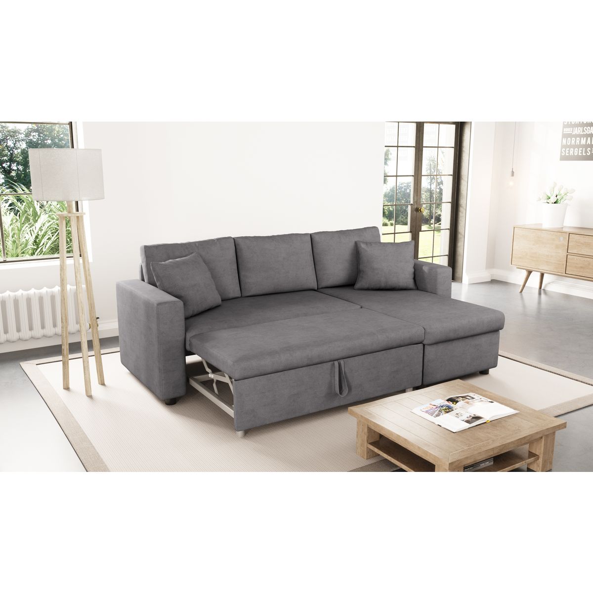 MATHILDE Canapé d'angle 3 places réversible et convertible avec coffre Microfibre Gris
