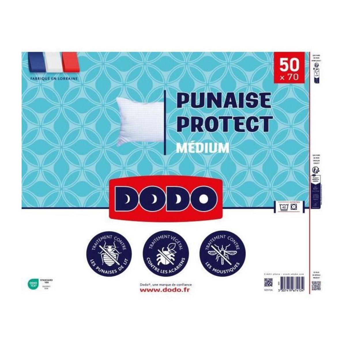 DODO Oreiller médium DODO 50x70 cm - Protection anti punaise, anti acarien - 550 gr - Blanc - Fabriqué en France