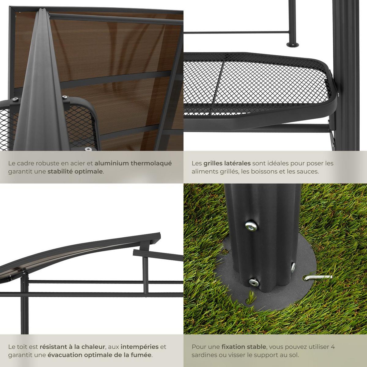 tectake Abri pavillon pour barbecue bonne circulation de l'air gris