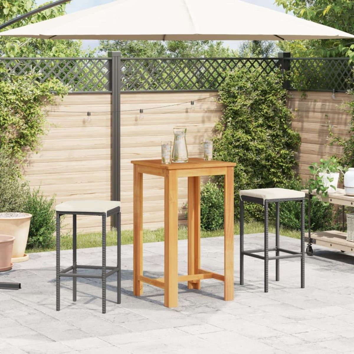 VIDAXL Ensemble de bar de jardin 3 pcs noir bois massif acacia rotin