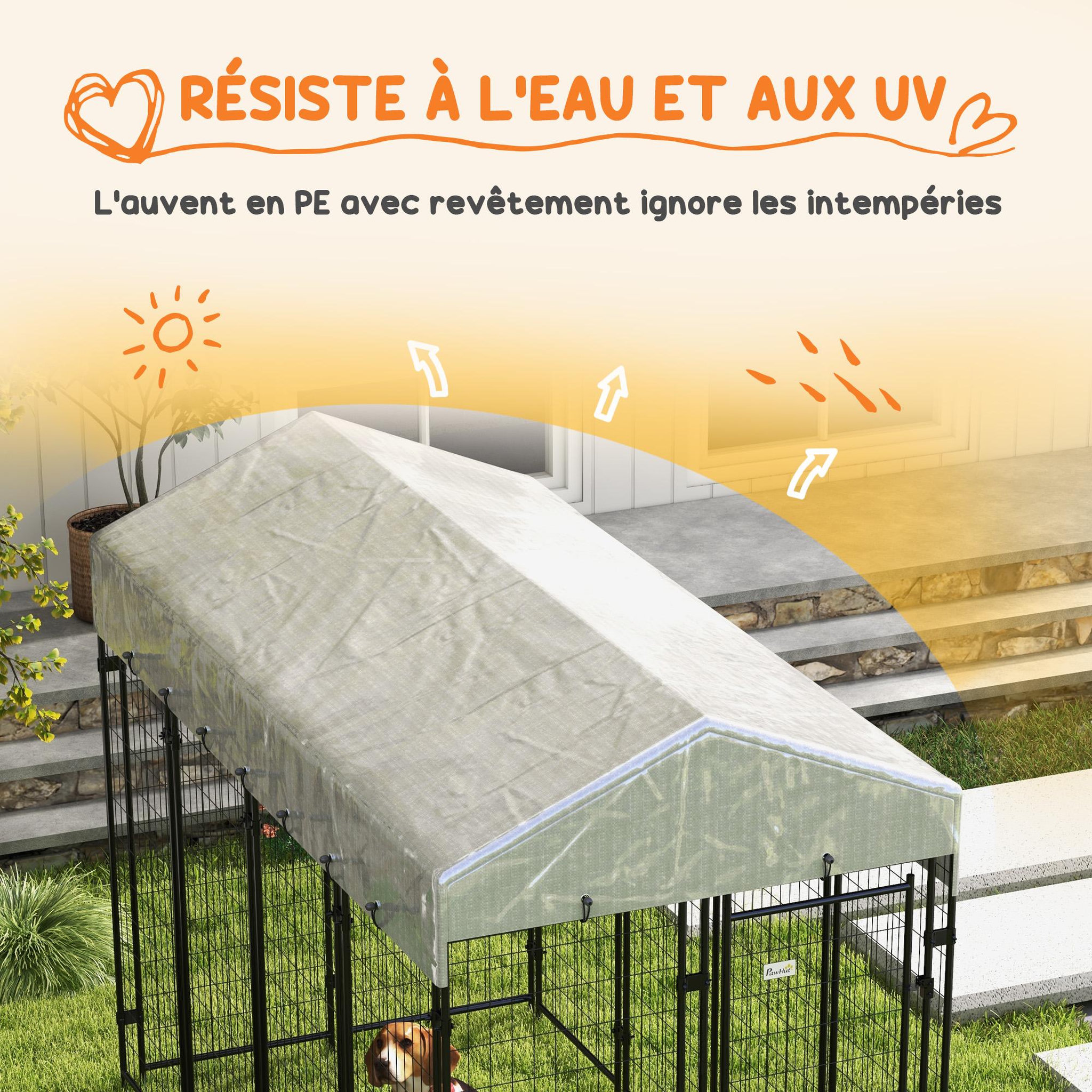 Voir la diapositive 5 : PAWHUT Chenil extérieur chien - cage chien - enclos chien - toile toit imperméable anti-uv, 2 portes verrouillables - acier noir pe gris