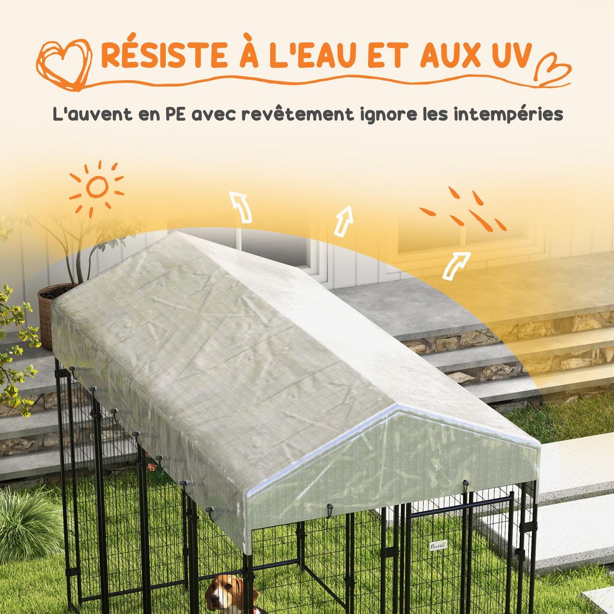 PAWHUT Chenil extérieur chien - cage chien - enclos chien - toile toit imperméable anti-UV, 2 portes verrouillables - acier noir PE gris