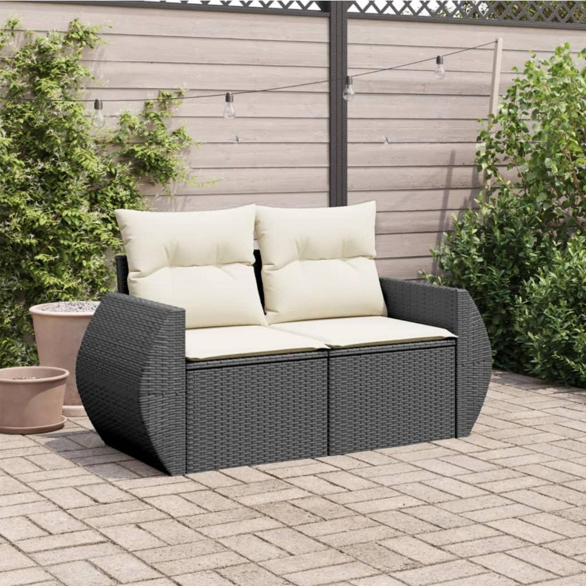 VIDAXL Canape de jardin avec coussins 2 places noir resine tressee