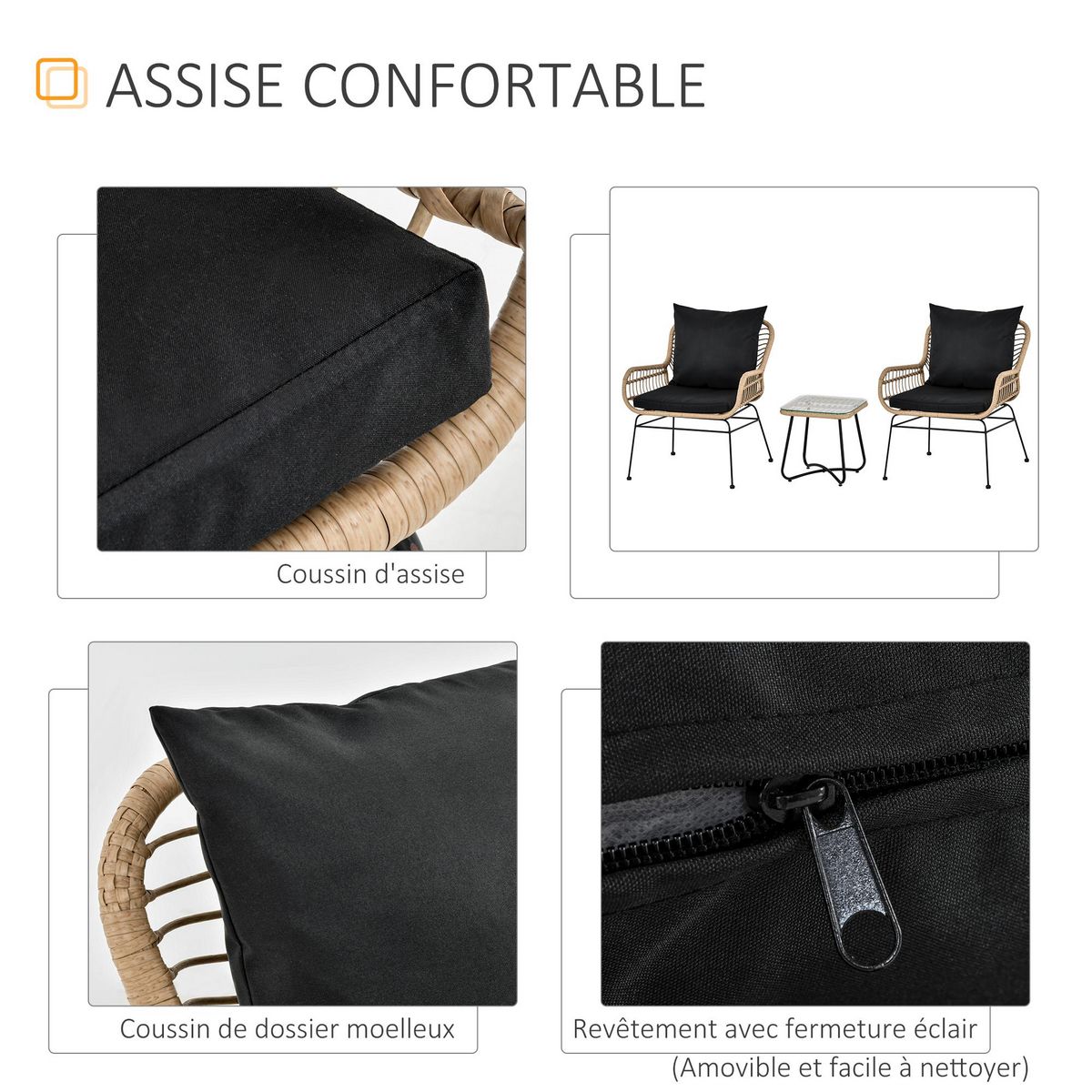 OUTSUNNY Outsunny Ensemble salon de jardin 3 pièces style exotique 2 fauteuils avec coussins + table basse résine tressée beige métal époxy noir