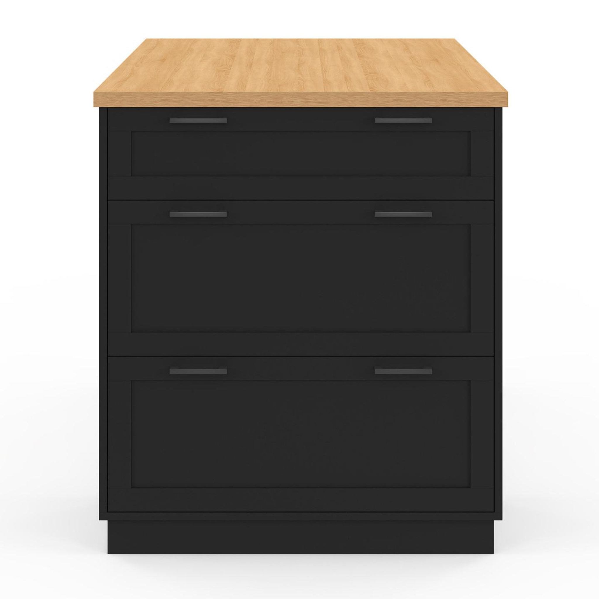Voir la diapositive 3 : ID MARKET Ilot central mange-debout 4 personnes vito 130 cm casserolier 3 tiroirs noir et plateau bois