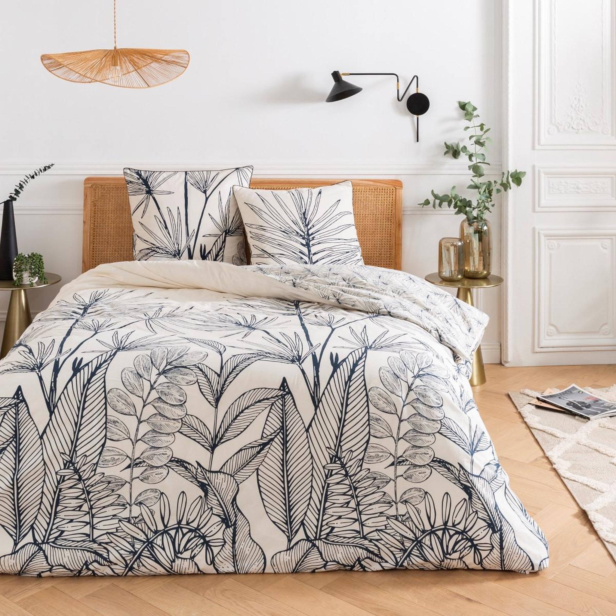 FUTURE HOME Parure de lit 2 personnes en coton 57 fils imprimé blanc. Coloris disponibles : Blanc
