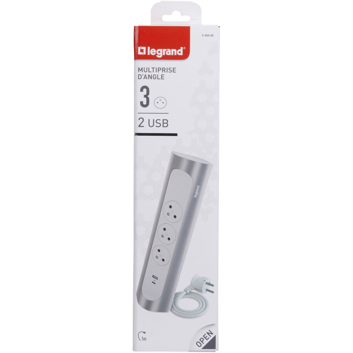 LEGRAND Rallonge d'angle 3x2P+T Surface et USB A+C avec cordon 1m - blanc/alu