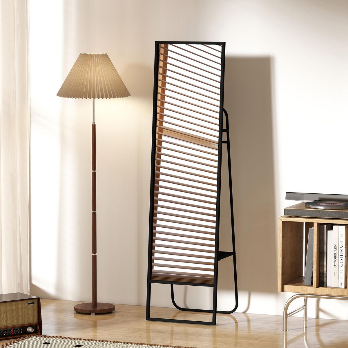 HOMCOM Miroir sur pied avec rangements grande taille dim. 148,5 x 40 cm métal noir