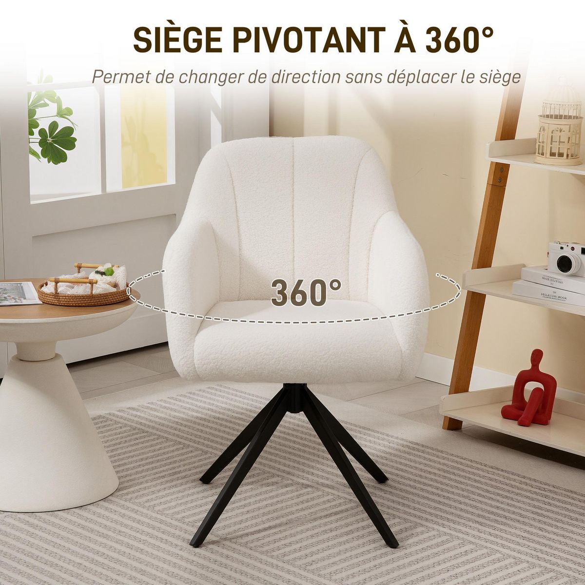 HOMCOM Fauteuil design piètement acier noir 4 branches effet laine bouclée blanc