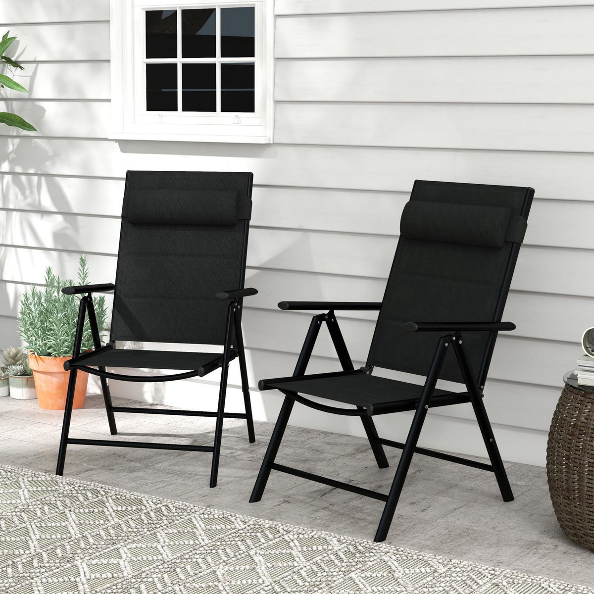 OUTSUNNY Lot de 2 chaises de jardin pliantes avec accoudoirs alu teslin rembourré déperlant noir